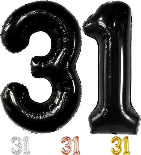 KatchOn, Globos negros grandes del número 31, 40 pulgadas, decoraciones de cumpleaños número 31 para hombres, globos de cumpleaños de 31 años,