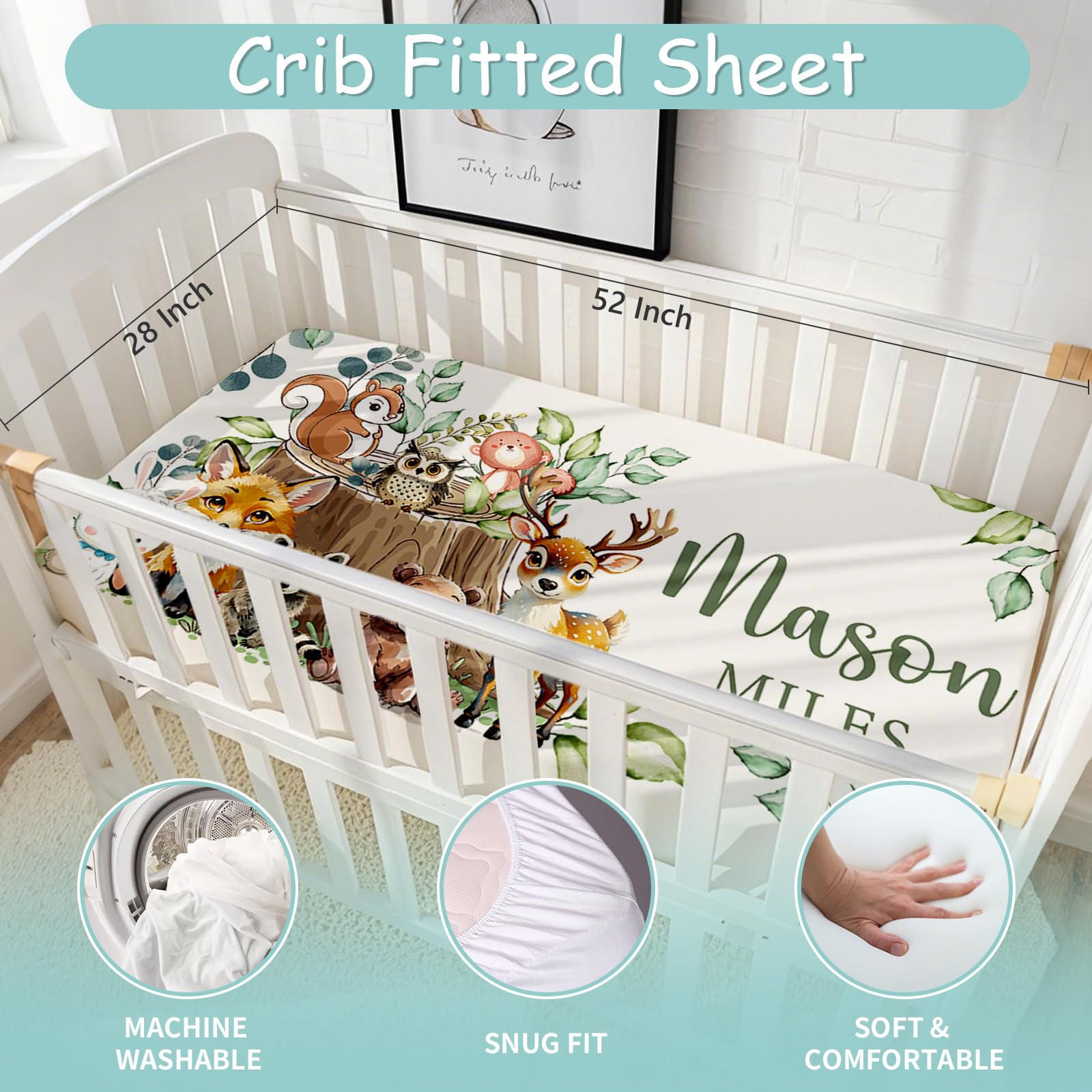 Hatchaa Custom Baby Crib Bedding Set - Woodland Animals Theme Personalized Name Baby Nursery Bedding 3 Piece Set, Toddler Crib Bedding Set for Boys, Customized Gift for Infants Newborns New Parents