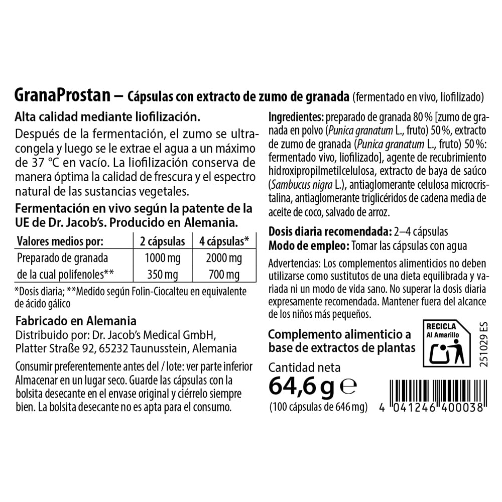 Dr. Jacob’s GranaProstan Fermentado 100 Cápsulas 700 mg Polifenoles Punicalagina Extracto de Granada