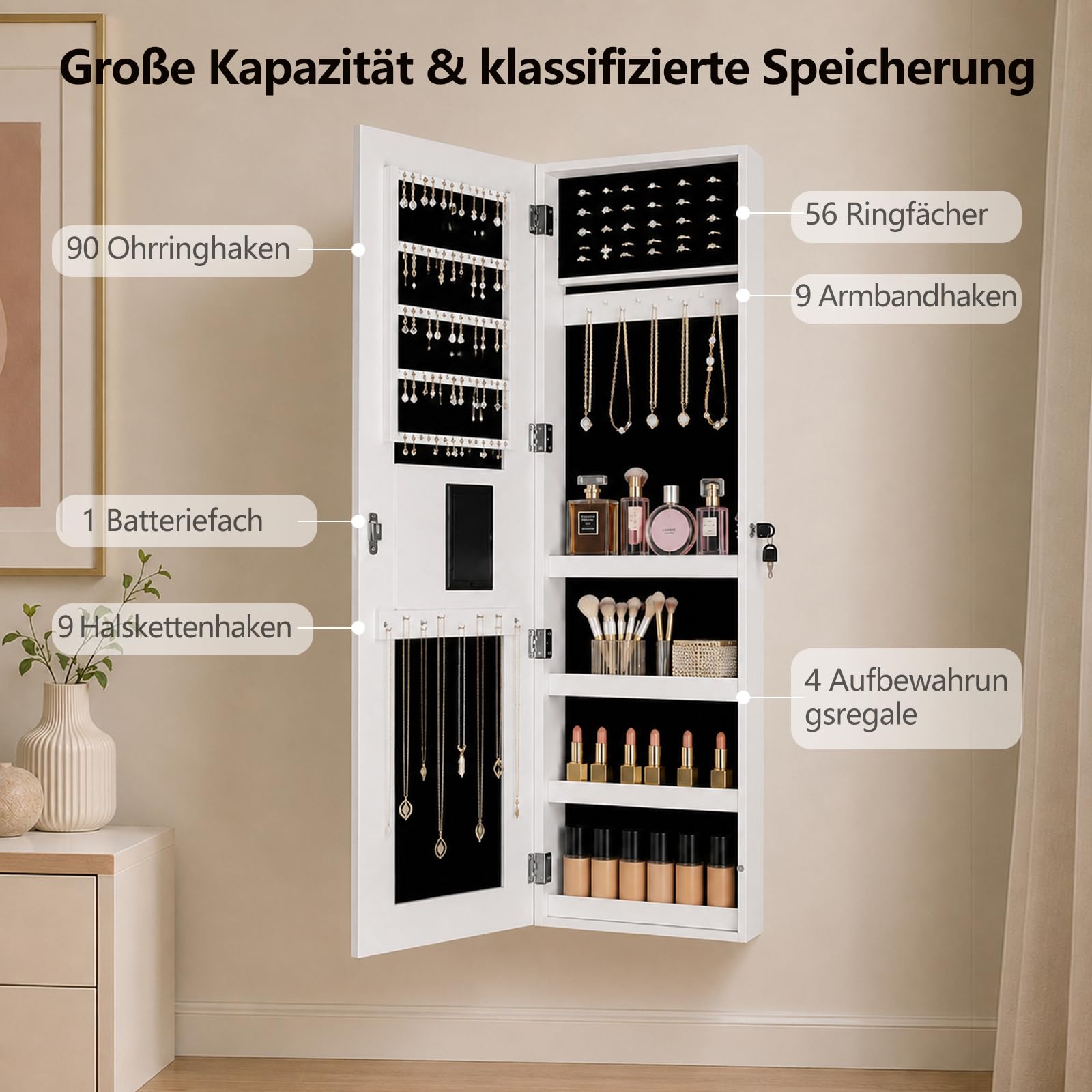 Schmuckschrank，Spiegelschrank, Schmuckschrank mit Spiegel & Touchscreen-LED-Licht, Wandschrank, Wandmontage, an der Tür hängend, Schmuck-Organizer für Ohrringe, Halsketten, Ringe (Weiß, 110x30cm)