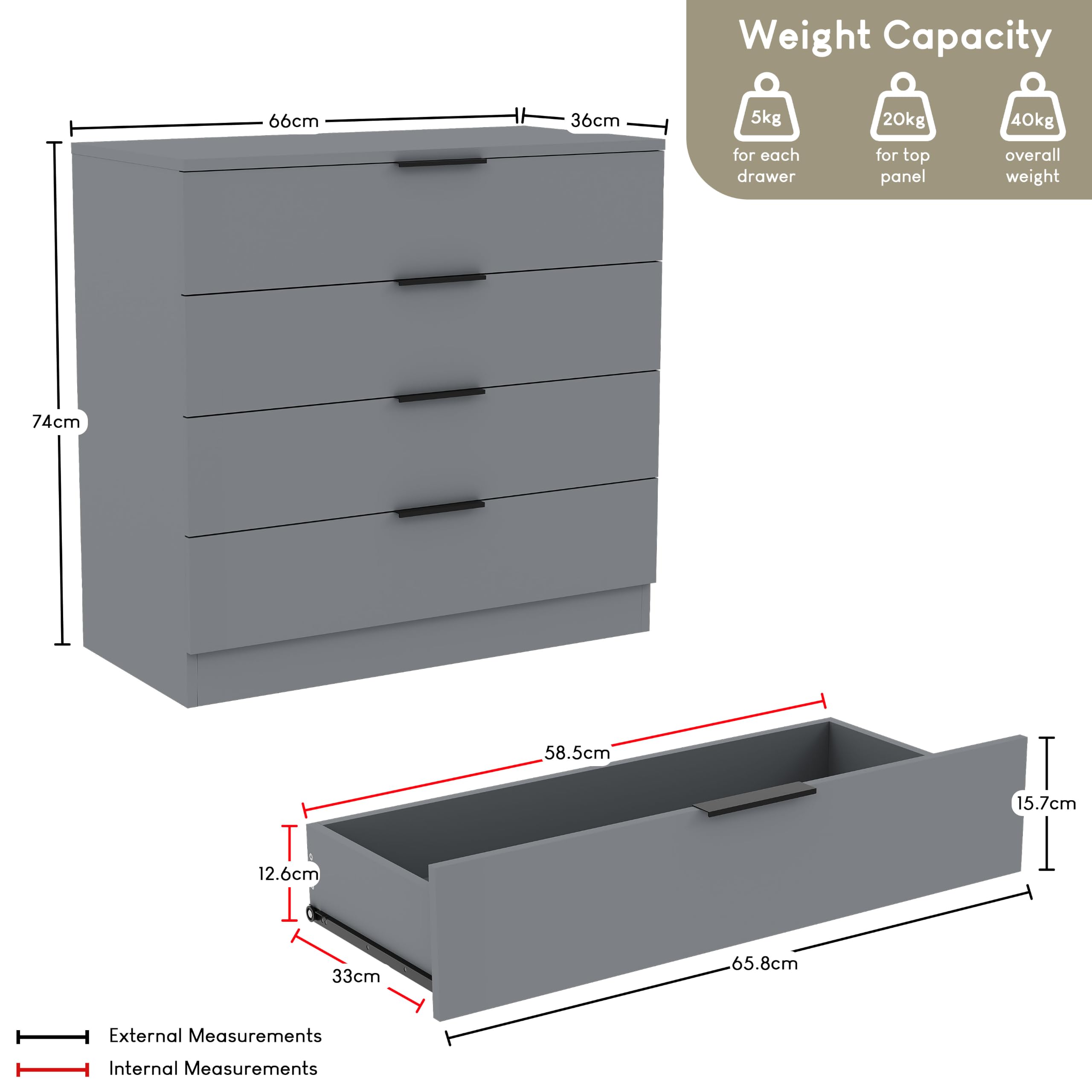Vida Designs Trega Kommode mit 4 Schubladen | Grau | 74 H x 66 B x 36 T cm | Platzsparende Stauraumeinheit | Schubladenstütze gegen Durchbiegen | Minimalistische | Leichtgängige Schubladenführungen
