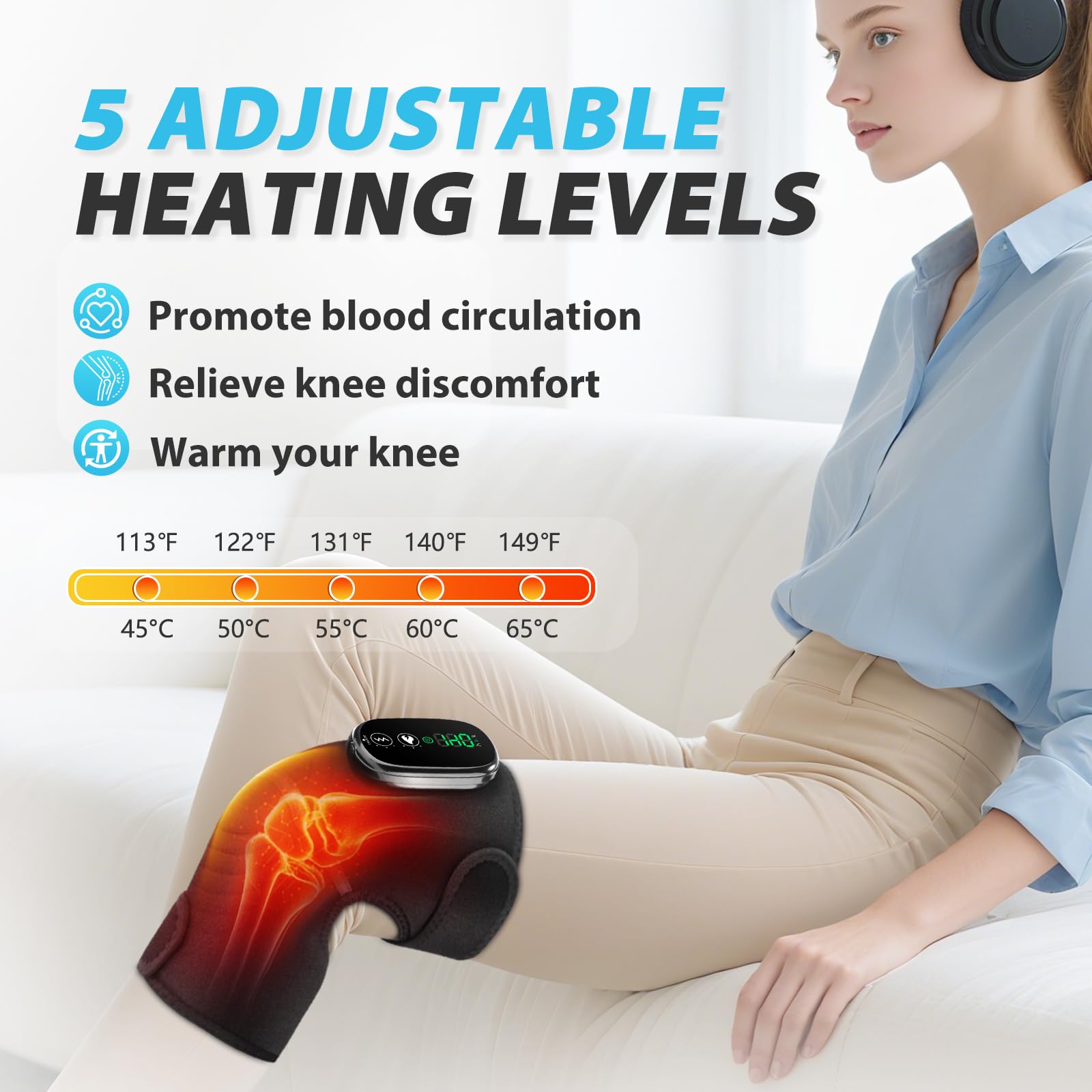 Ginocchiera Riscaldante Senza Fili, Ginocchiera Riscaldante con Touchscreen, Fascia Riscaldante Spalla/Gomito con 5 Livelli Riscaldamento, 5 Modalità Vibrazione, 4 Motori Integrati, Batteria 5000mAh