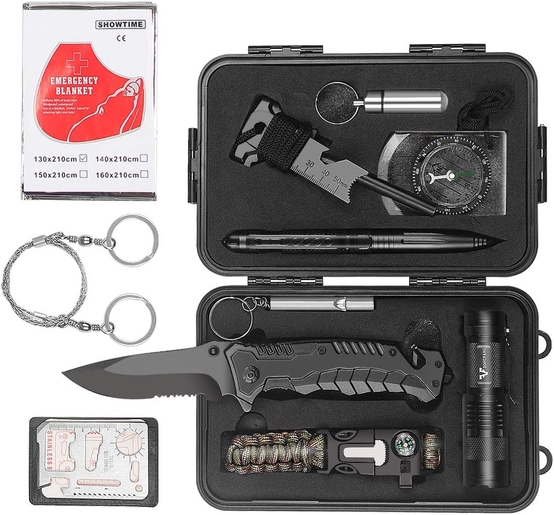 Survival kit,12in1 Survival Gear Gifts for Men Him Husband Dad Boyfriend Boys，Gifts Ideas for Hiking/Emergency kit.Survival Bracelet/Emergency Blanket/Tactical Flashlight-Camping Gear