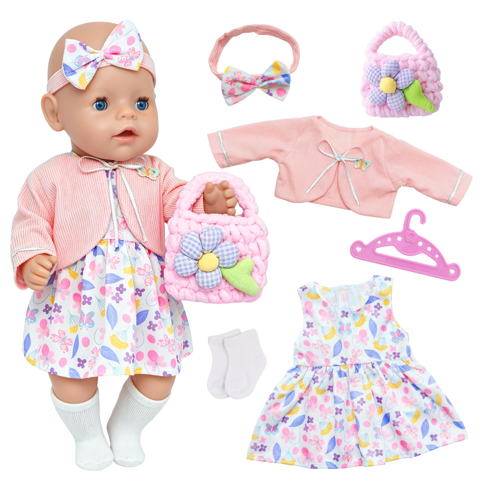 6 Pcs Baby Doll Clothes for 14-18 inch Dolls, Pink Butterfly Newborn Baby Doll Outfits with Coat Dress Headband Bag Socks Hanger for 35-45cm Dolls Clothes Accessories 43 cm Birthday Gift for Kids