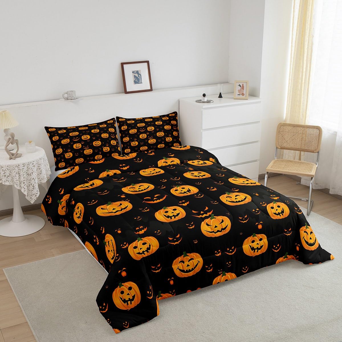 Funny Pumpkin Comforter Cute Halloween Comforter Set for Kids Boys Girls Orange Black Bedding Set Cartoon Festival Decor Quilt with 1 Pillowcase 2Pcs Bedding Twin Boys