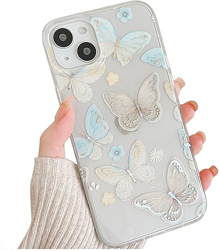 Miniatura 7 de Funda transparente con purpurina para iPhone 15 para mujeres y niñas, bonito patrón de mariposas doradas, rosas, moradas, azules, funda protectora