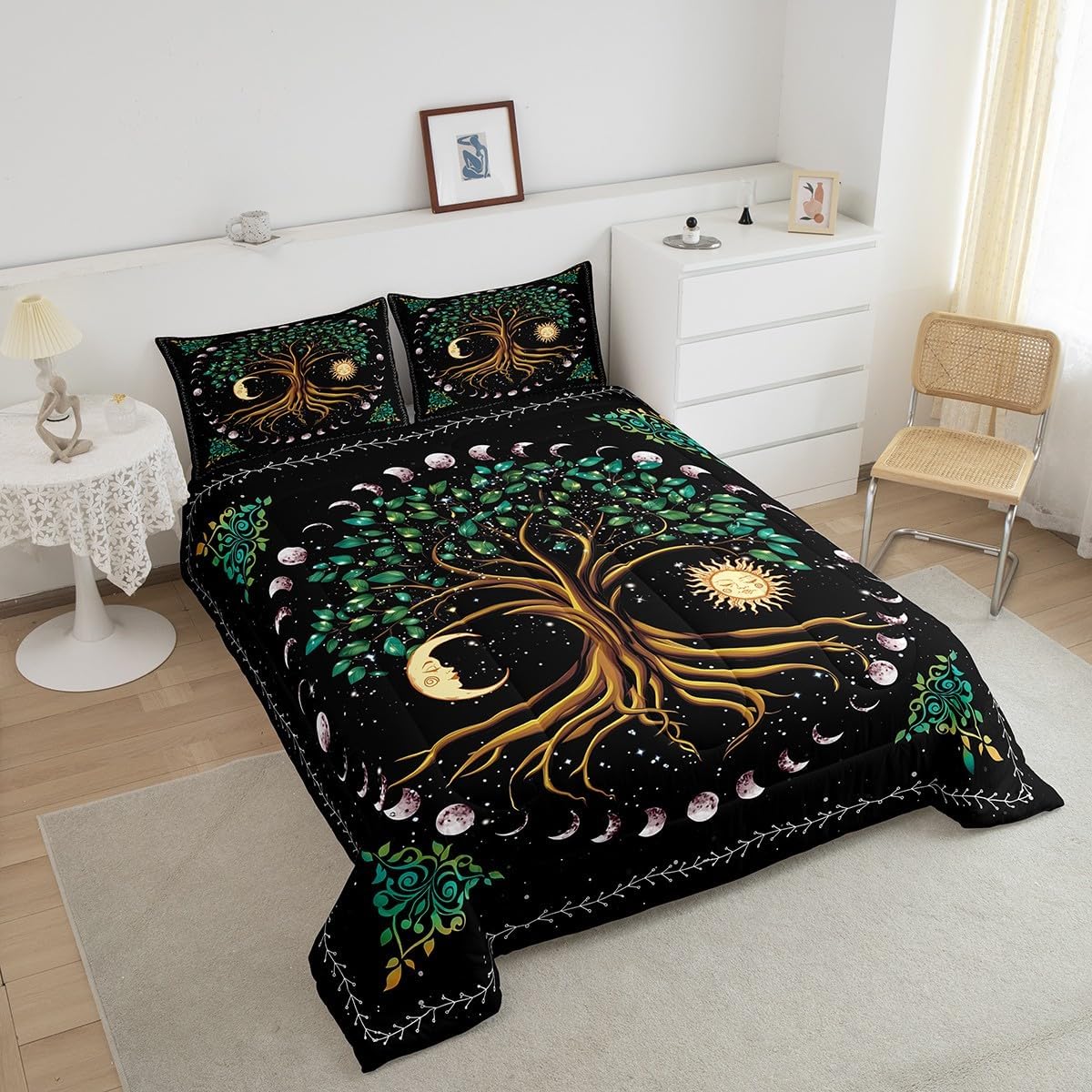 Tree Artwork Kids Comforter Set Queen Size,Sun Moon Starry Sky Galaxy Trippy Bedding Set,Boys Girls Adults Room Decor,Boho Exotic Psychedelic Down Comforter,Watercolor Duvet Insert,2 Pillowcases