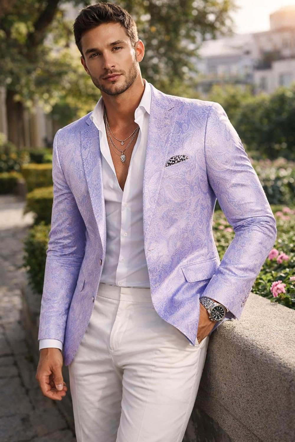 Men's Jacquard Slim Fit Blazer Floral Paisley Suit Jacket Two Button Notch Lapel Single Breasted Tuxedo Jacket