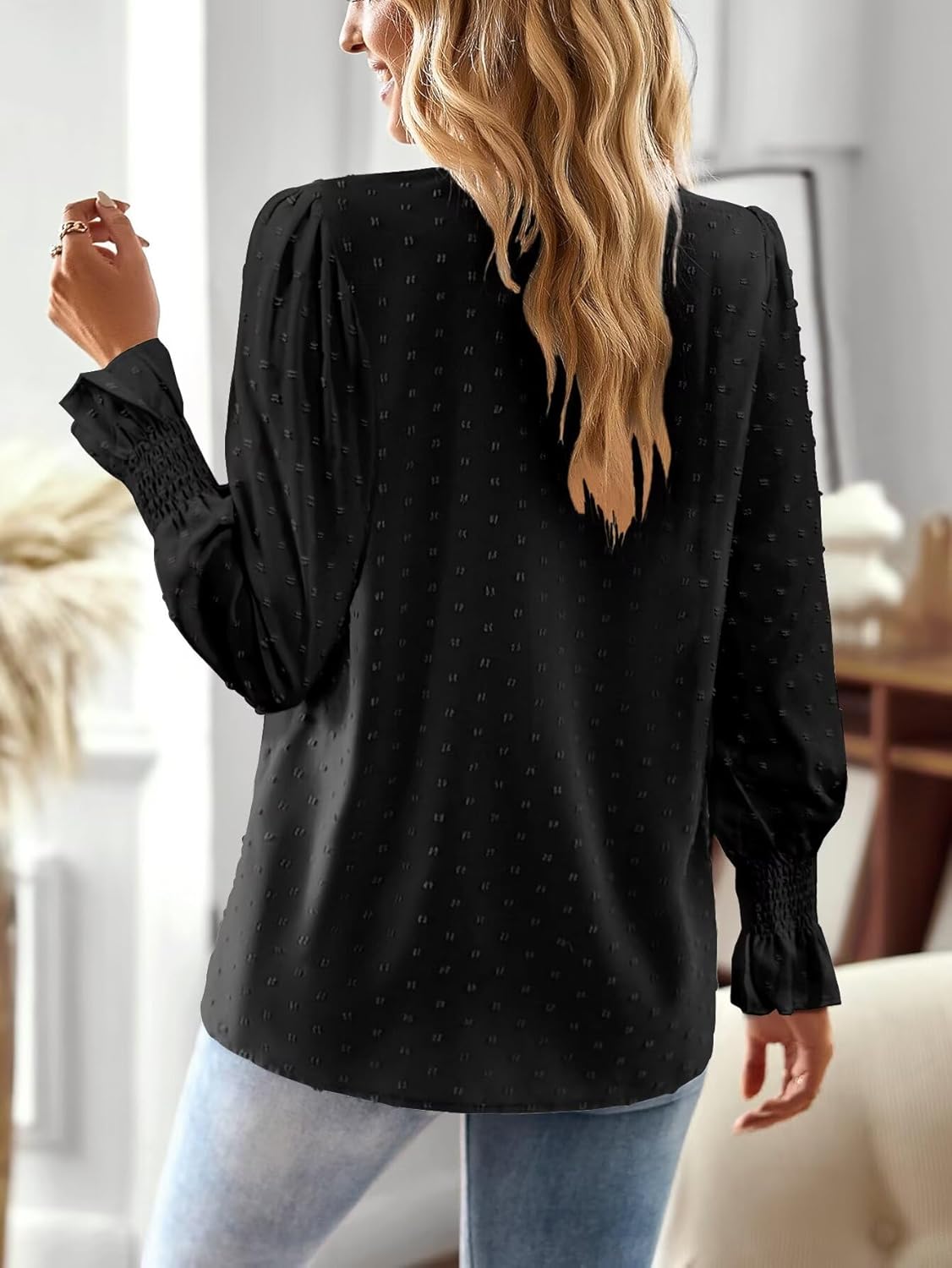 Boho Tops for Women V Neck Blouses Flowy Swiss Dot Dressy Casual Lace Womens Long Sleeve Shirts Trendy 2026 - Image 3