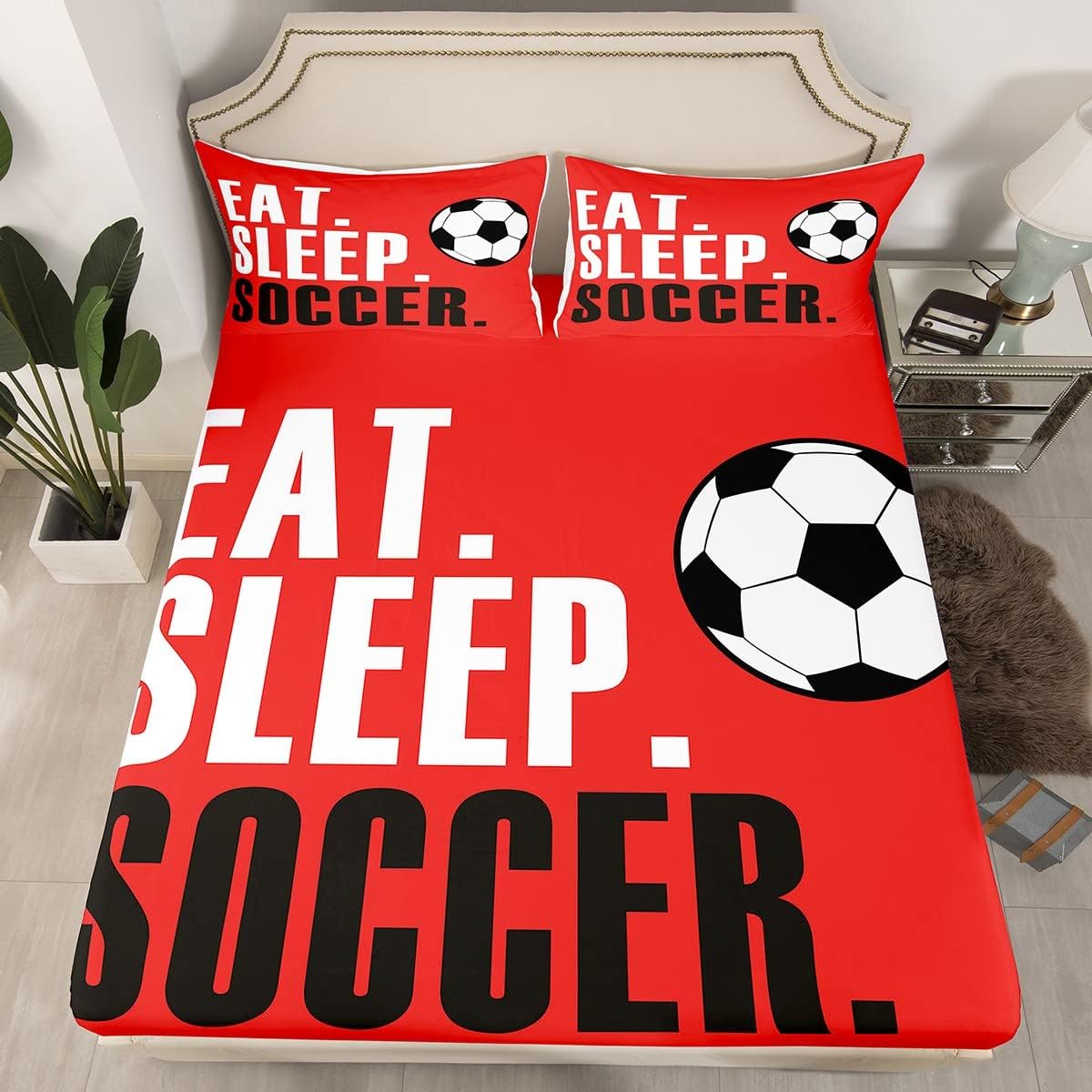 Football Bedding Set Soccer Ball Sports Fitted Sheet for Boys Girls Women Men Red Eat Sleep Football Bed Sheet Set Ball Games Room Decor Twin Size Bed Cover 2Pcs