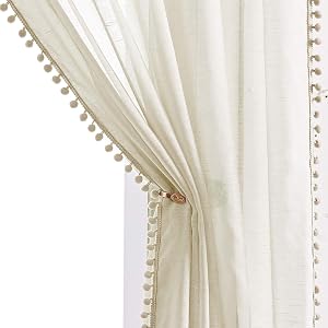 Pompom Linen Sheer Curtains for Living Room 84inches Long Decorative Natural Window Curtain Draperies for Kids Bedroom Slub Textured Voile 52" W, 1 Pair, Beige