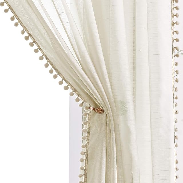 Pompom Linge de maison Rideaux de chevet pour le salon 84inches Longue fenêtre décorative naturelle rideaux drapés pour les enfants chambre à coucher Slub Textured Voile 52" W, 1 Paire, beige