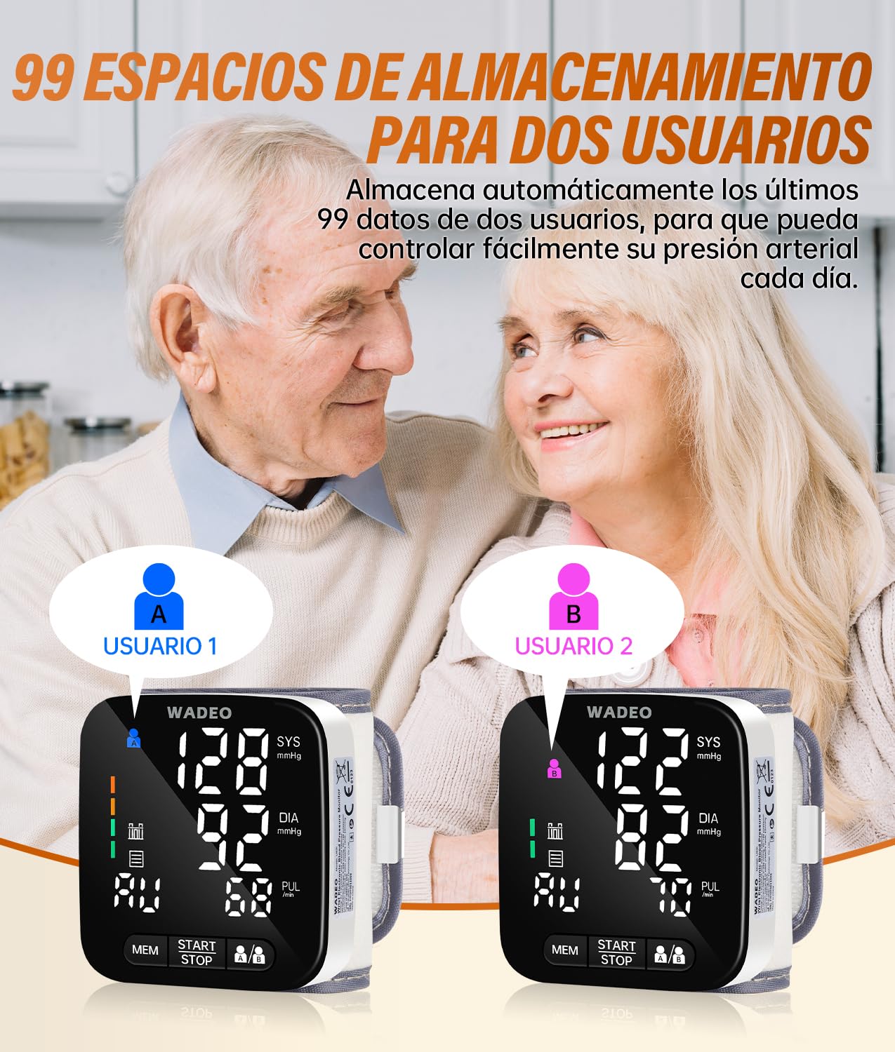 WADEO Tensiómetro digital de muñeca con pantalla LCD, tensiómetro portátil para el hogar o de viaje, medición precisa, 5 idiomas, memoria de 2 x 99, con batería