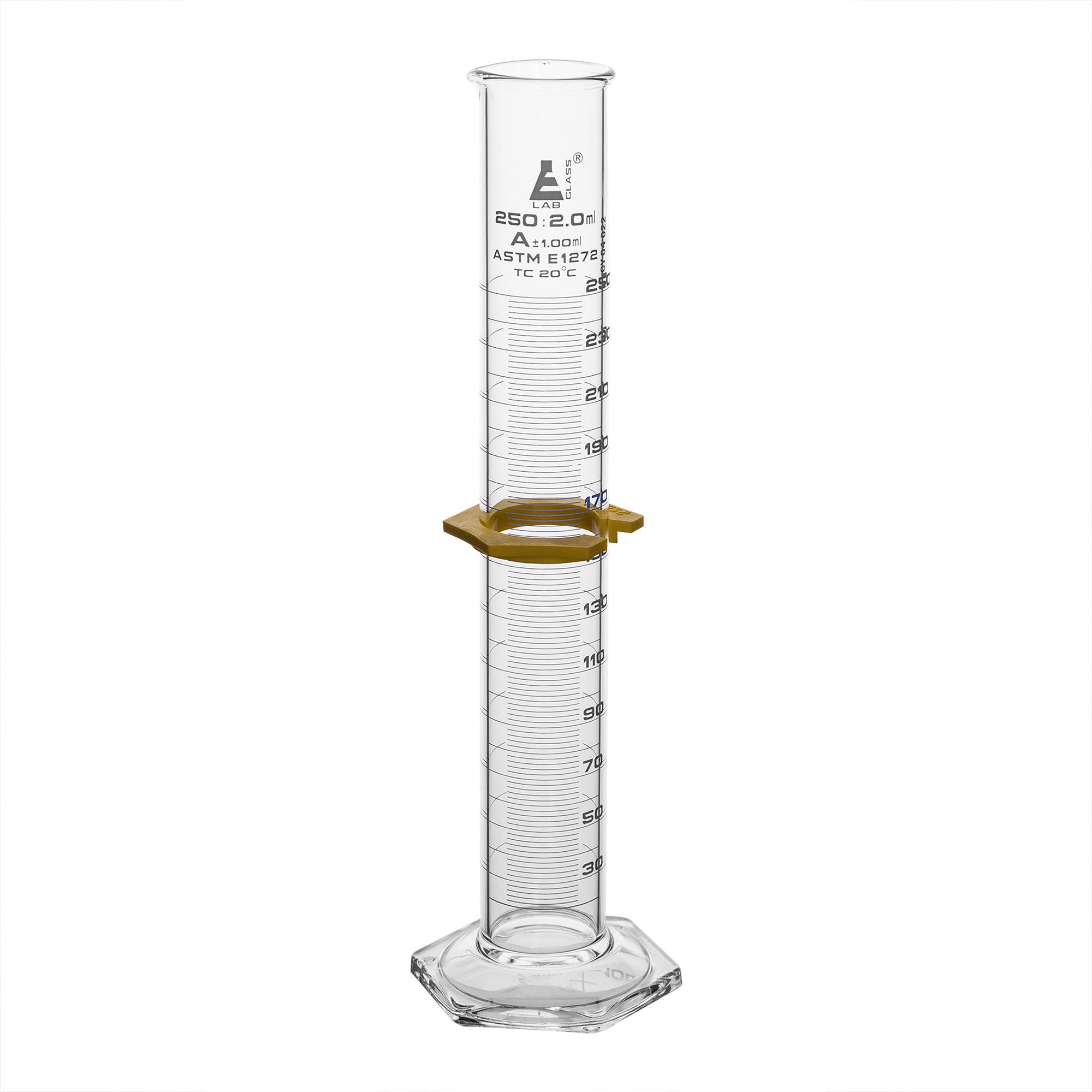 EISCO Cilindro graduato, 250 ml, ASTM, tolleranza classe A ± 1,00 ml, collare protettivo, base esagonale, graduazioni bianche, vetro borosilicato 3.3