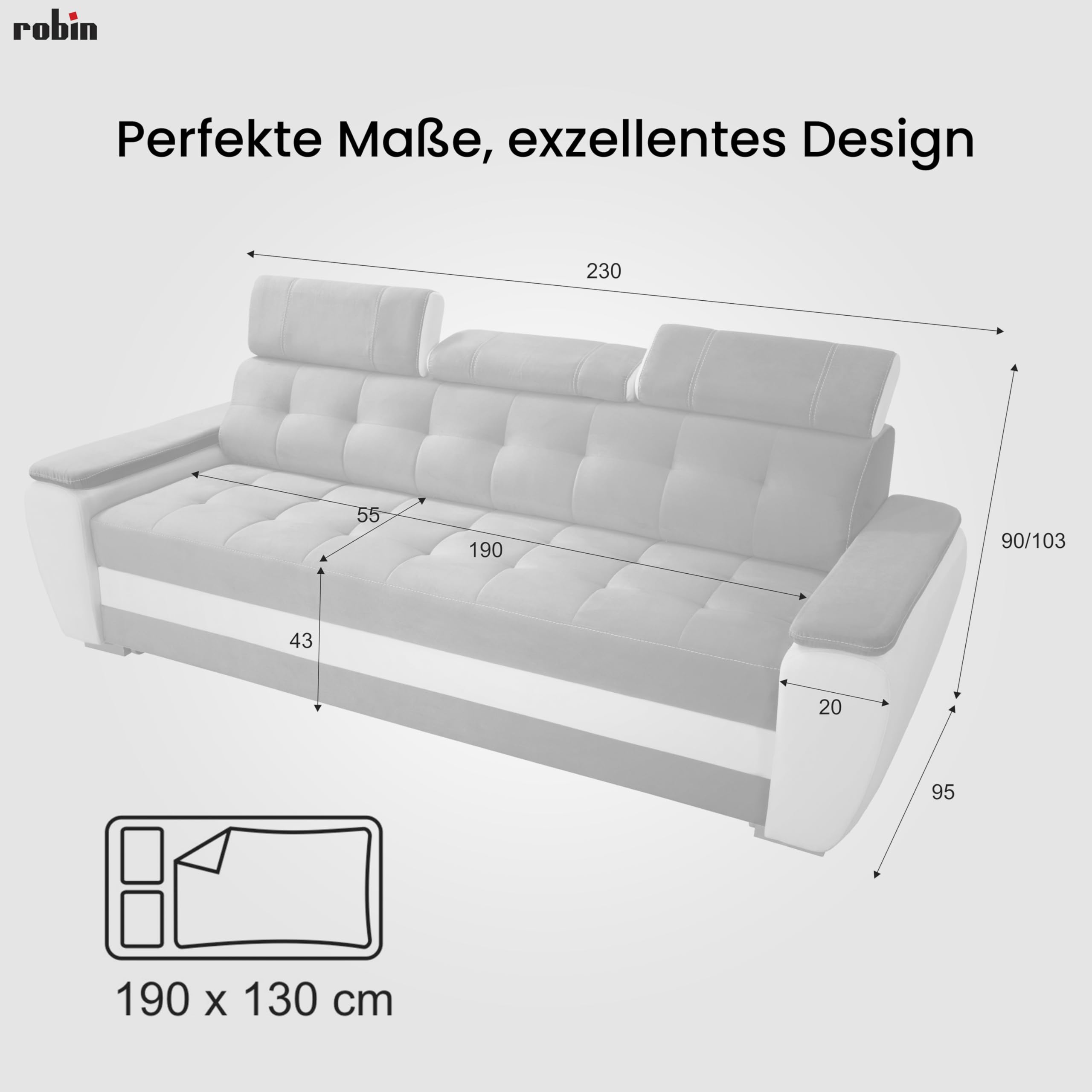Robin Diana sofa z funkcją spania, ze skrzynią na pościel i poduszkami, wolnostojąca kanapa, tapicerowana sofa (jasnoszary/czarny)