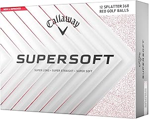 Callaway Supersoft Golf Balls - 12 Red Balls with Splatter 360 Design Box of Callaway Supersoft golf balls featuring 12 red balls with Splatter 360 design, labeled as super long, super straight, and super soft