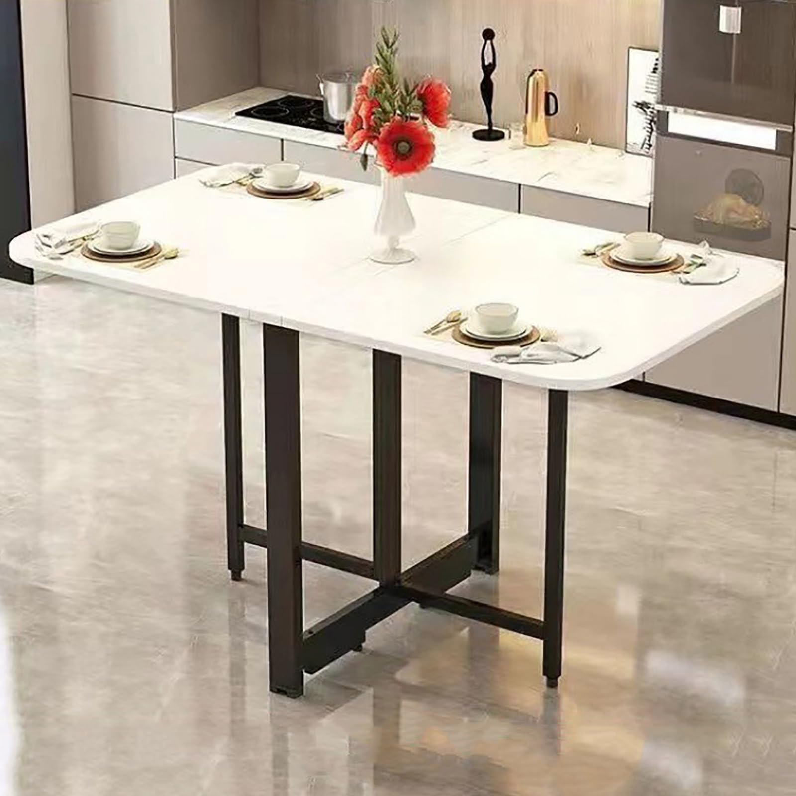 Ultra Thin Folding Dining Table - Extendable Drop Leaf Design, Metal Frame, Multipurpose Expandable Table with Anti-Fall Bracket for Work, Study & Dining, Space-Saving Solution