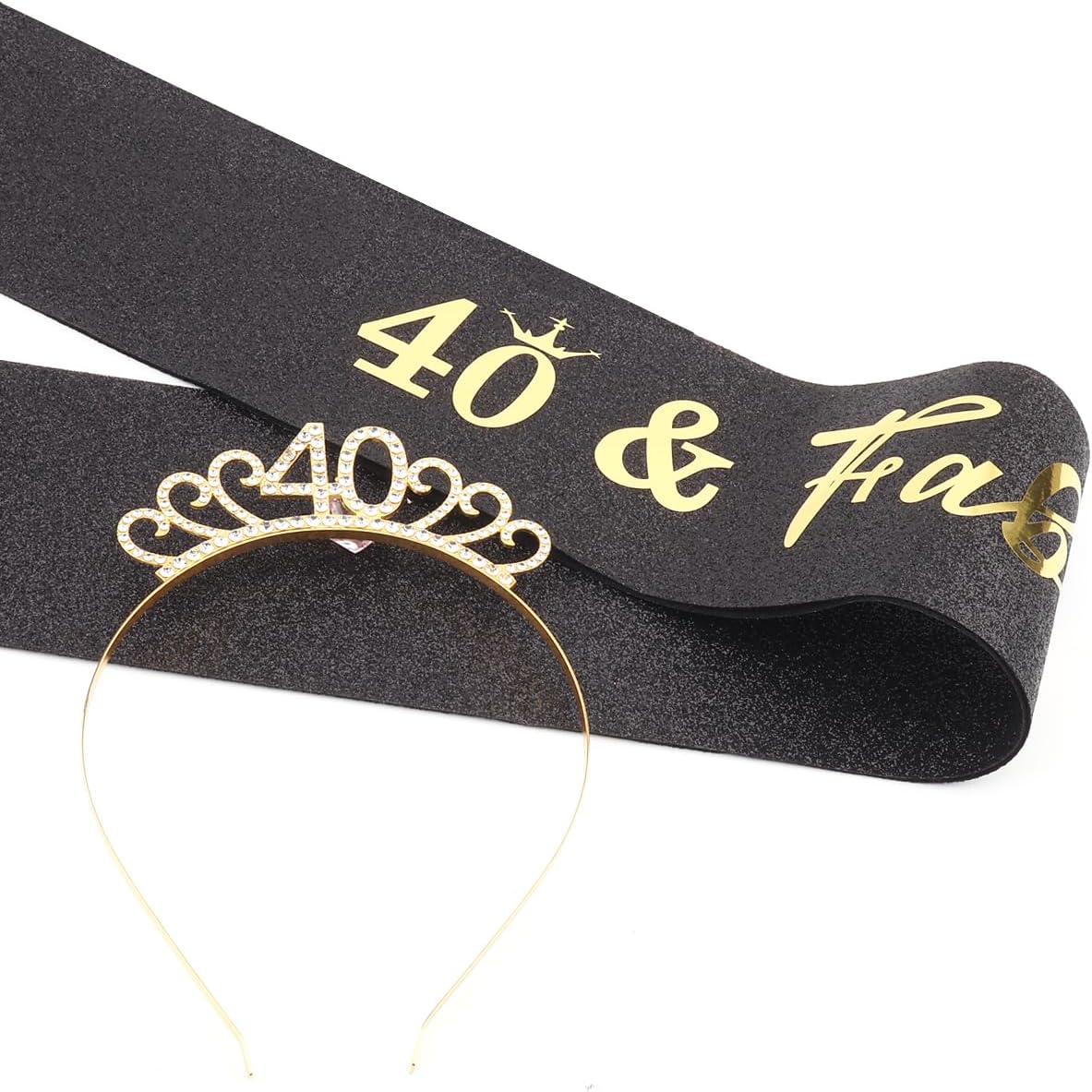 40th Birthday Sash and Tiara Set, Black and Gold, Rhinestone Crown with '40 & Fabulous' Glitter Sash, 2 Piece