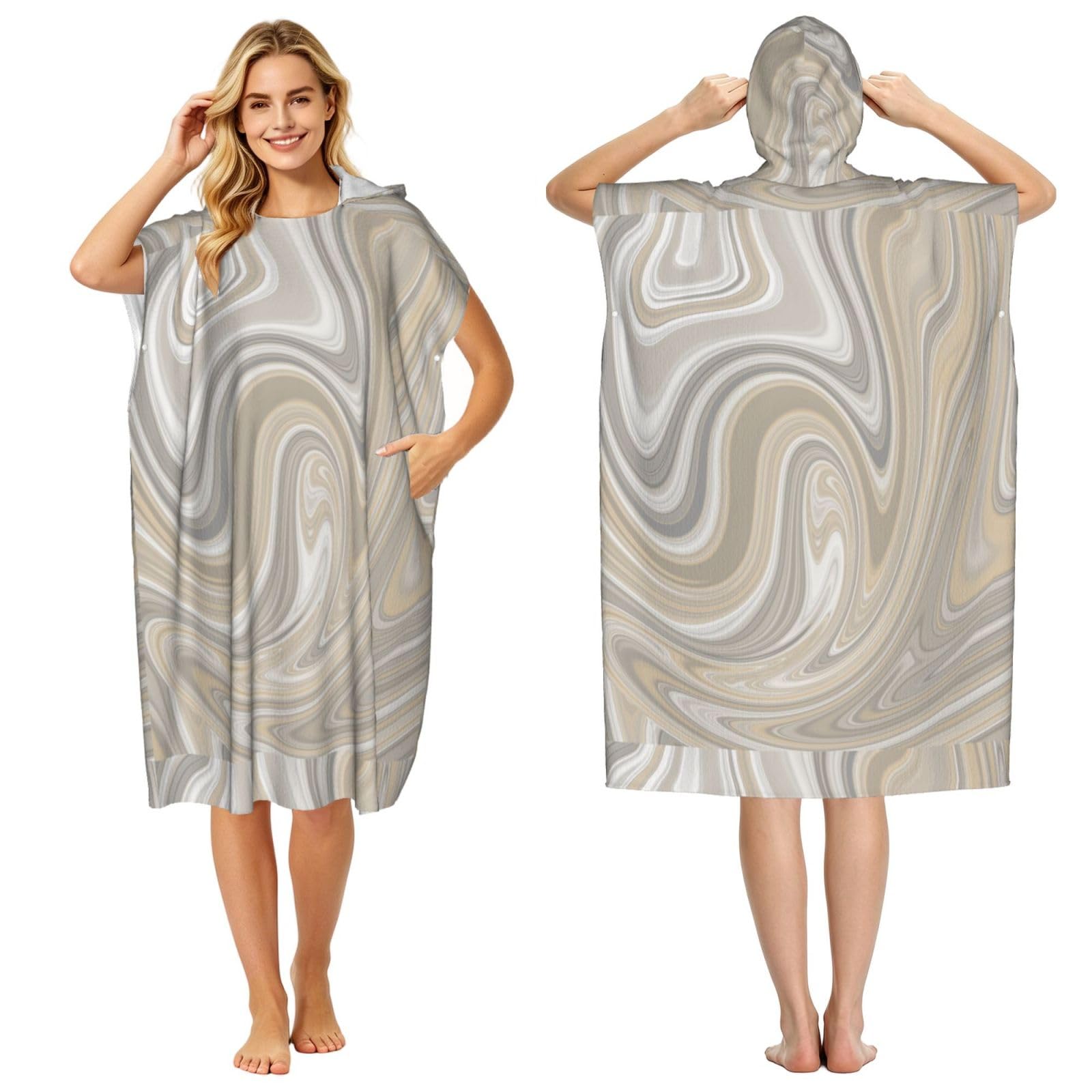 Poadnly Beige And Gray Swirls Neutral Decor, Adult Hooded Beach Towel 90 x 110 cm,Changing Bath Robe, Surf Poncho Towel For Women Men
