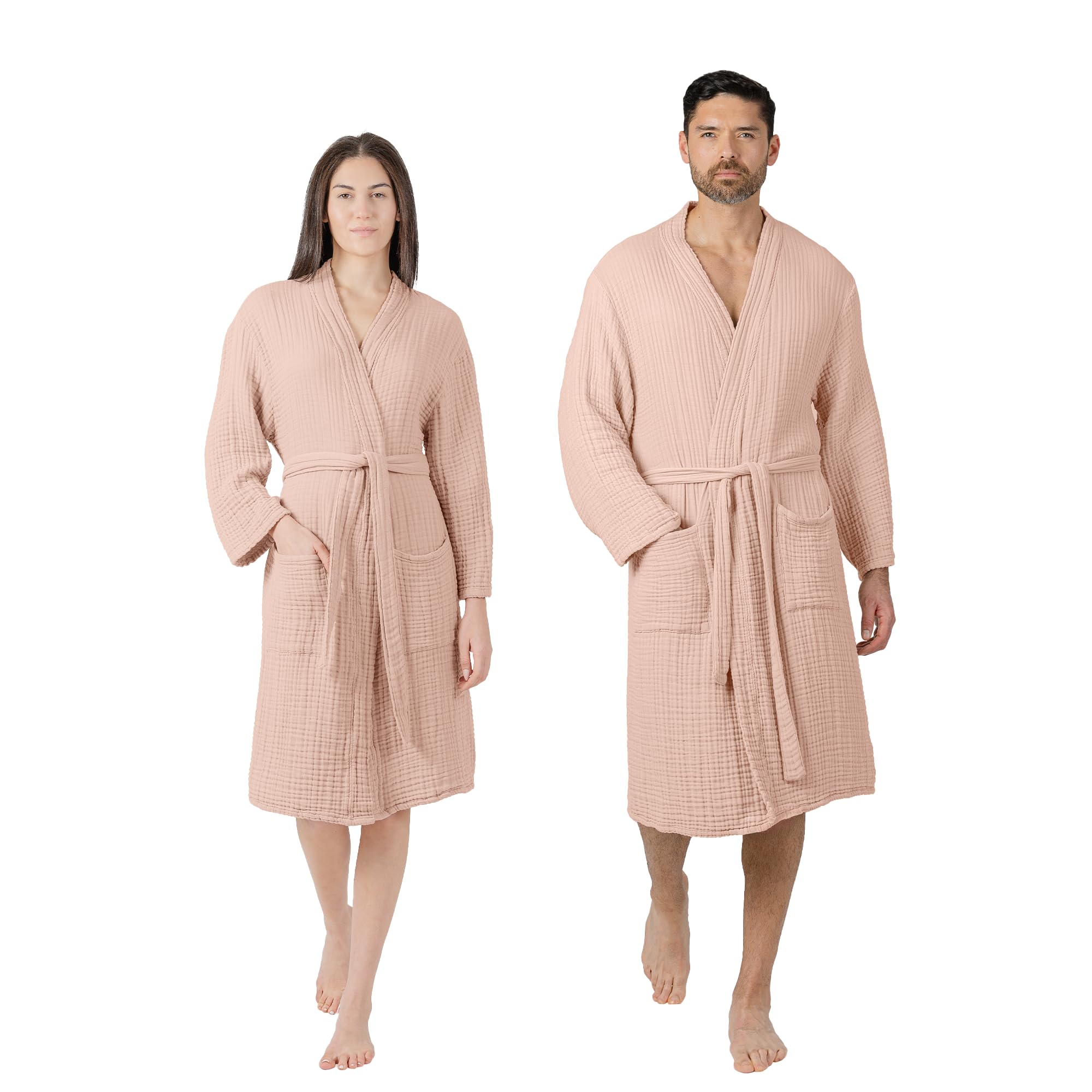 Comfy Cubs 100% Cotton Muslin Bathrobe - 4-Layer Absorbent Robe with Pockets & Belt for Bath, Spa, or Lounging