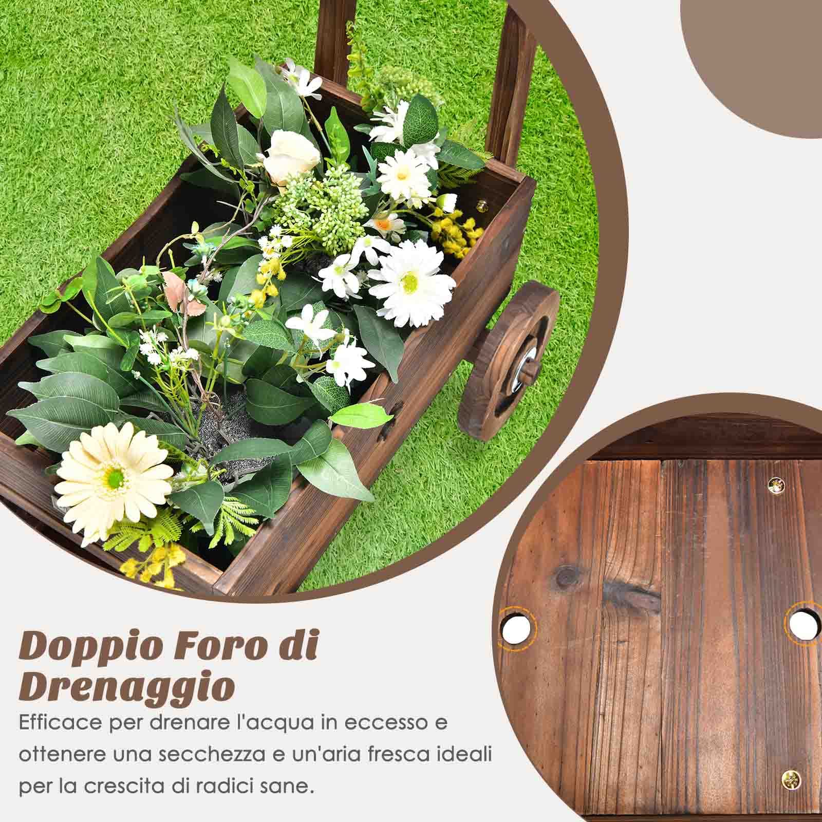 COSTWAY Fioriera da Esterno in Legno a Forma di Carrello | Carriola Portafiori da Interno ed Esterno con 4 Ruote, Maniglia e Foro di Drenaggio, per Patio, Giardino e Balcone