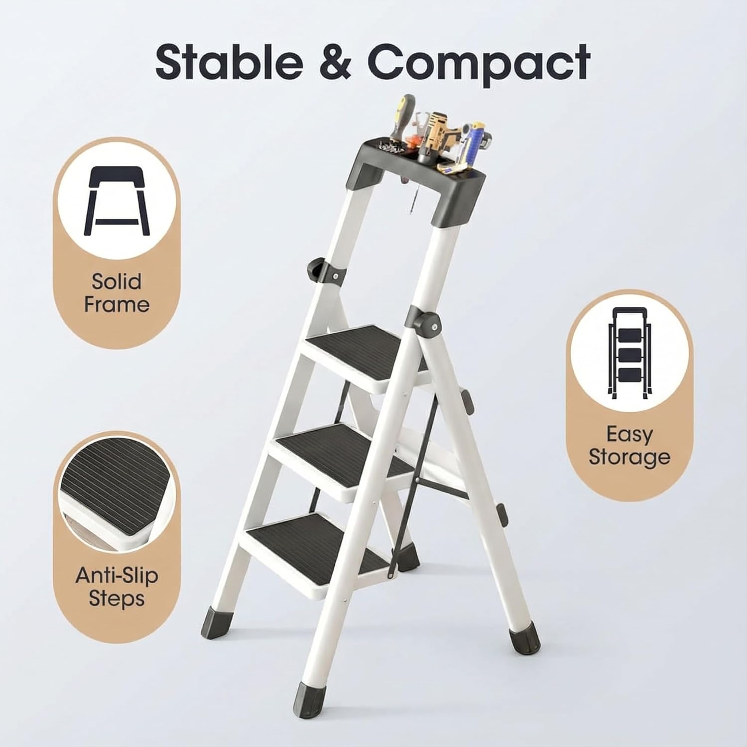 LEDON Thickened Multi-Functional Folding Herringbone Step Ladder - Portable, Retractable, Safety 3 Steps Ladder for Indoor & Outdoor Household Climbing with Tools Holder