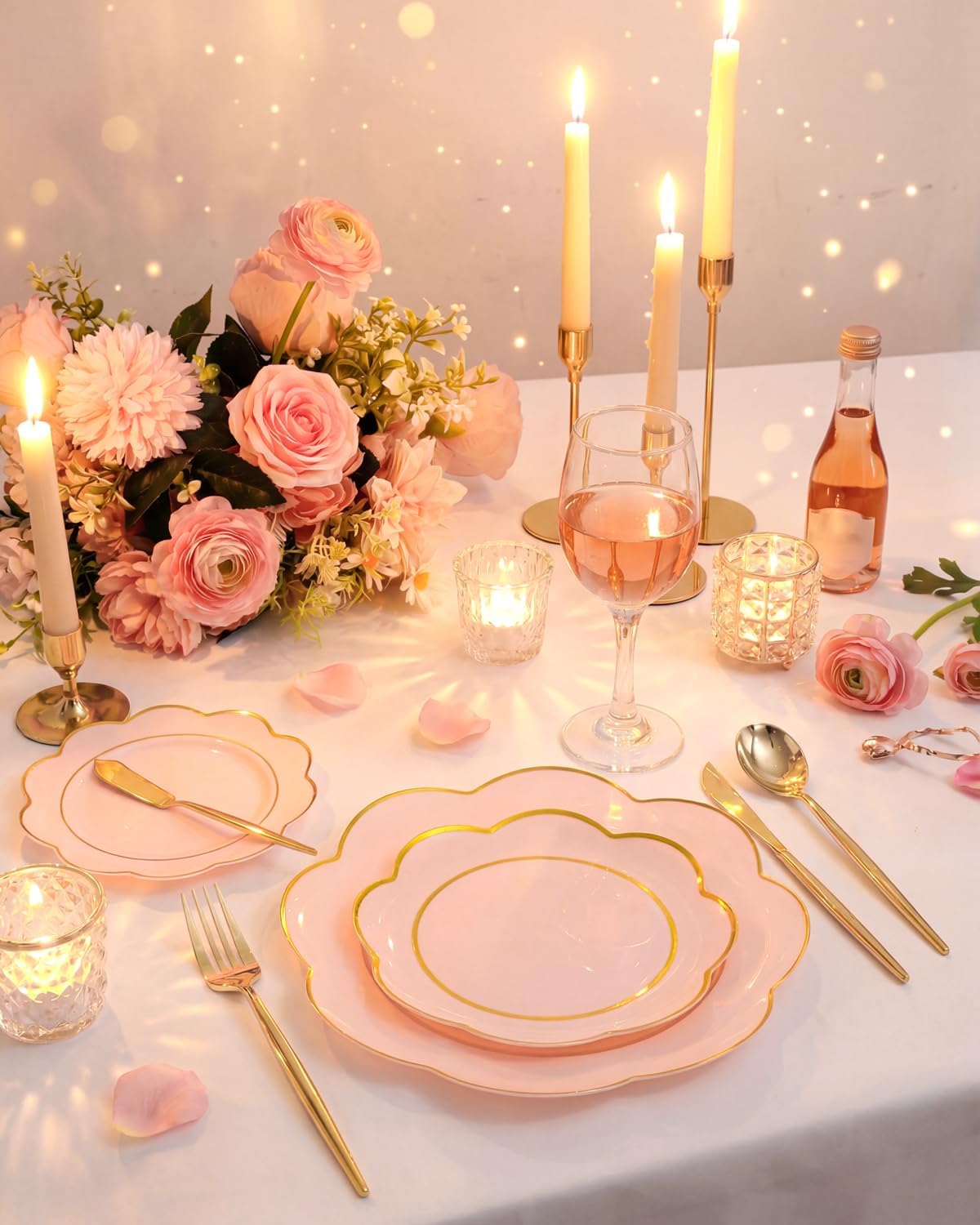 WONDERFUL 60pcs High-End Pink Plastic Plates - Disposable Heavy Duty Pink Plates with Gold Rim Plastic Disposable Plate for Party Wedding/Galentines/Valentines/Upscale Banquet Suitable for 30 Guests - Image 6