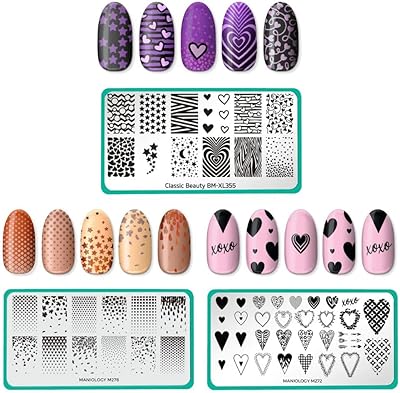 Maniology Hearts and Gradients Nail Stamping Plate Set, Classic Heart Star Gradient Manicures, Layered Nail Art Designs (Hearts + Stars (BM-XL355), Classic Gradients (M278), Bleeding Hearts (M272))