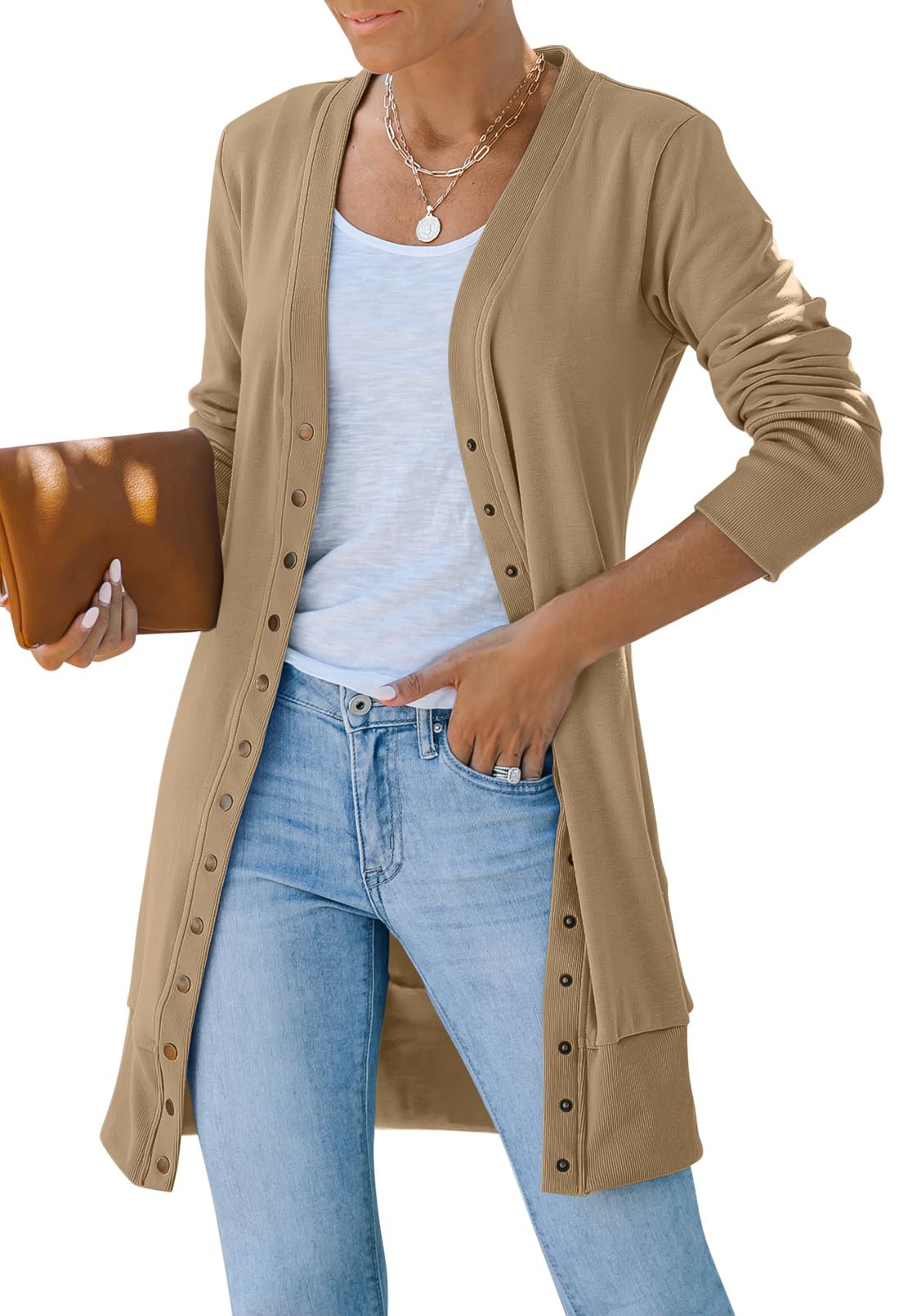 MEROKEETY Women's 2026 Fall Lightweight Button Up Long Cardigan Sweater | Long Sleeve, Snap Buttons, Ribbed Knit Details, Open Front, Knit Fabric,