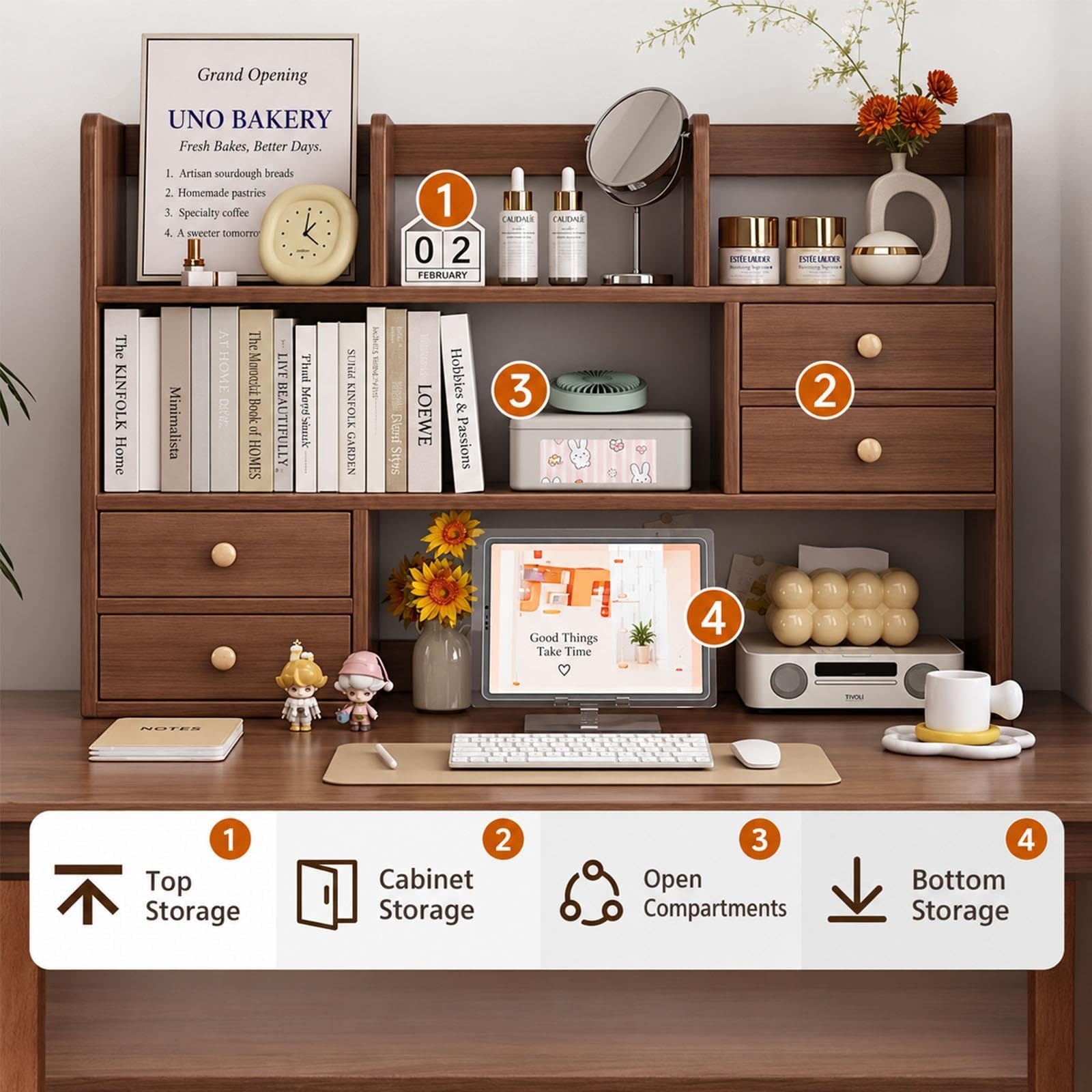 2 Tier Desktop Bookshelf, Wood Desk Hutch Storage Rack for Home Office
