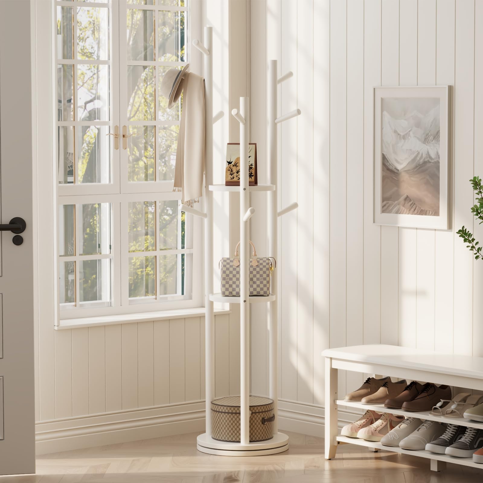 AQIMUELE Perchero, Perchero de Madera Maciza, 9 Ganchos, Colgador para Abrigos, Bolsos, Gorras, Ideal para Entrada, Pasillo, Altura de 163 cm, Blanco