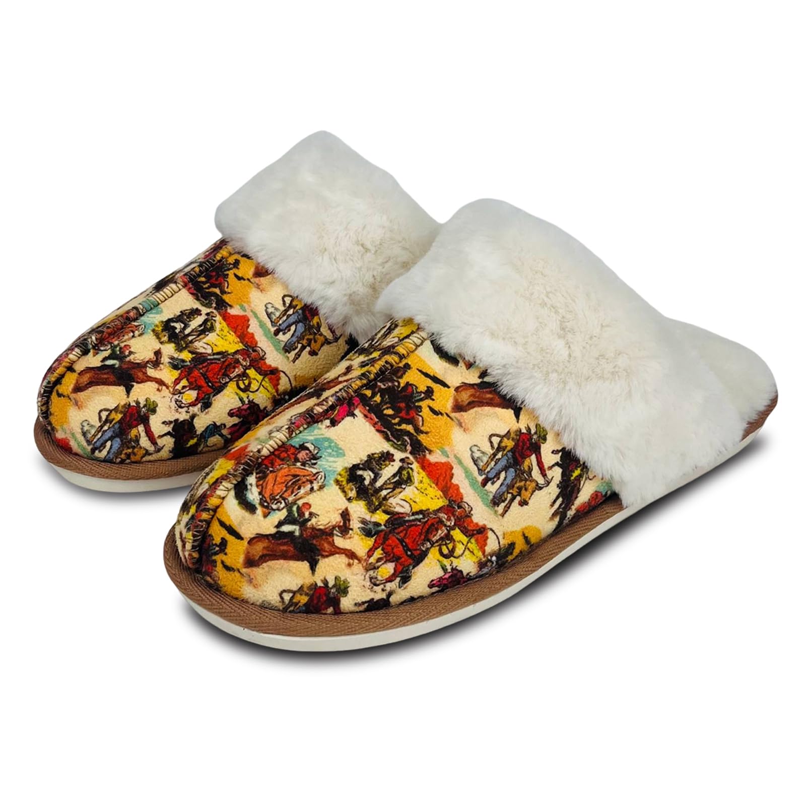 Crazy Bison Cozy House Slippers For Women, Cow Print Plush Slipper, Western Style Winter Fur Lined Slippers, Durable Rubber Sole Slip-On Indoor