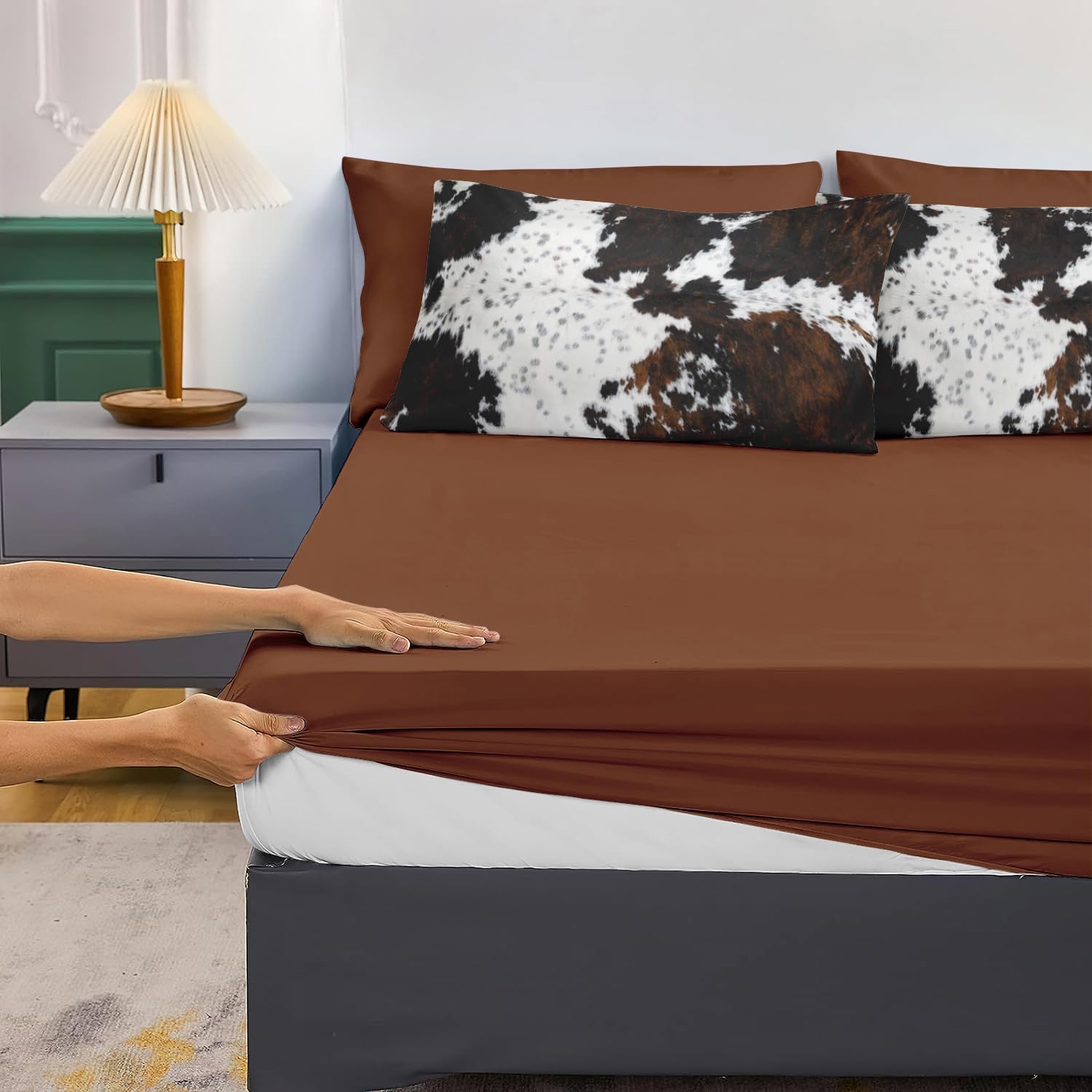 MUGINYU Brown Cowhide Comforter Set Queen, 8 Pieces Bed in a Bag Black White Cow Skin Print Western Farmhouse Animal Fur Bedding Set - Image 5