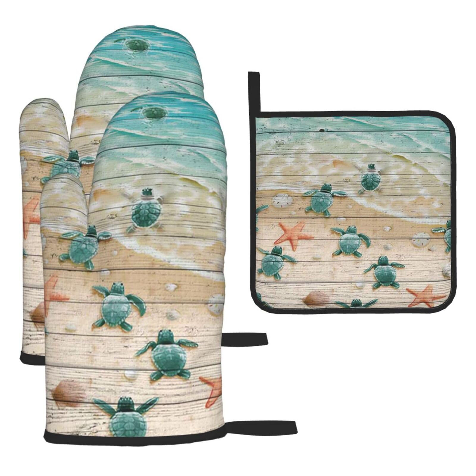Sea Turtle Starfish Print Oven Set Kitchen Gloves Baking Grilling Microwaving Cooking Gift Everyday Holiday
