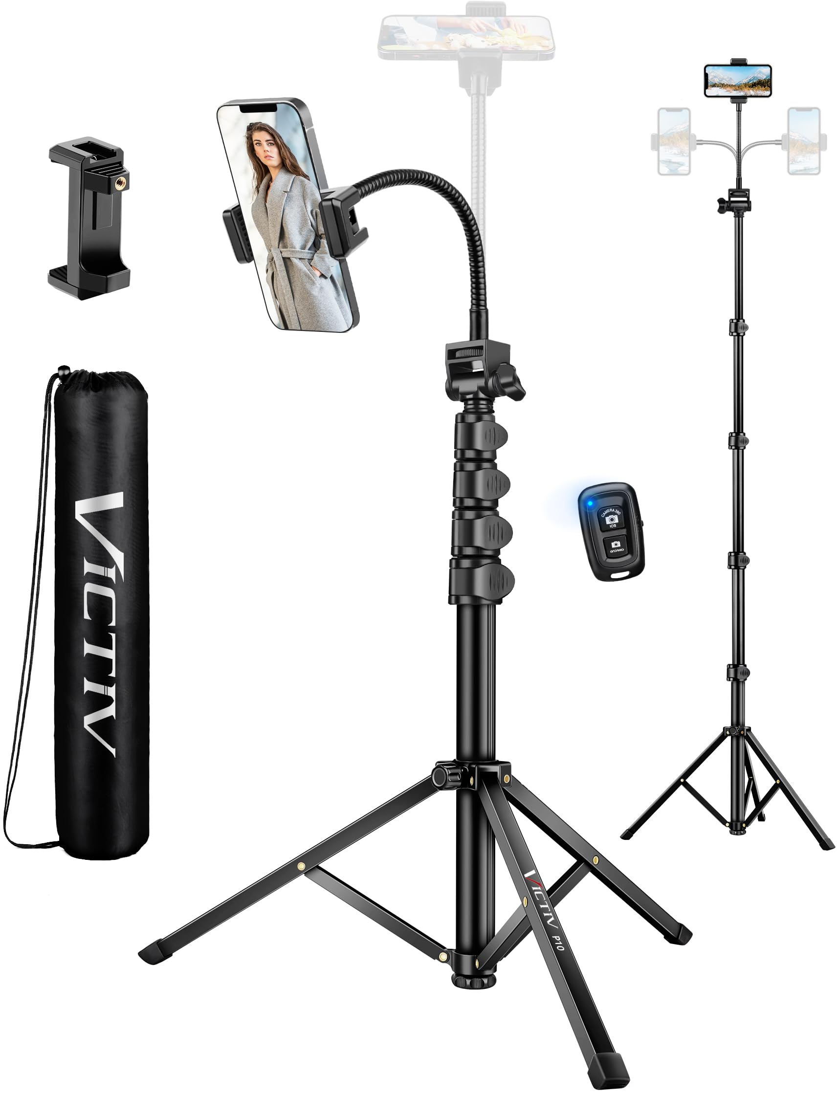 Victiv 197cm Haute Trépied Smartphone, Trépied Téléphone Flexible avec 25cm Col de Cygne Réglable, Selfie Trepied avec Télécommande pour iPhone17 16 15 Pro, Trepied Caméra en Aluminium pour Canon DSLR
