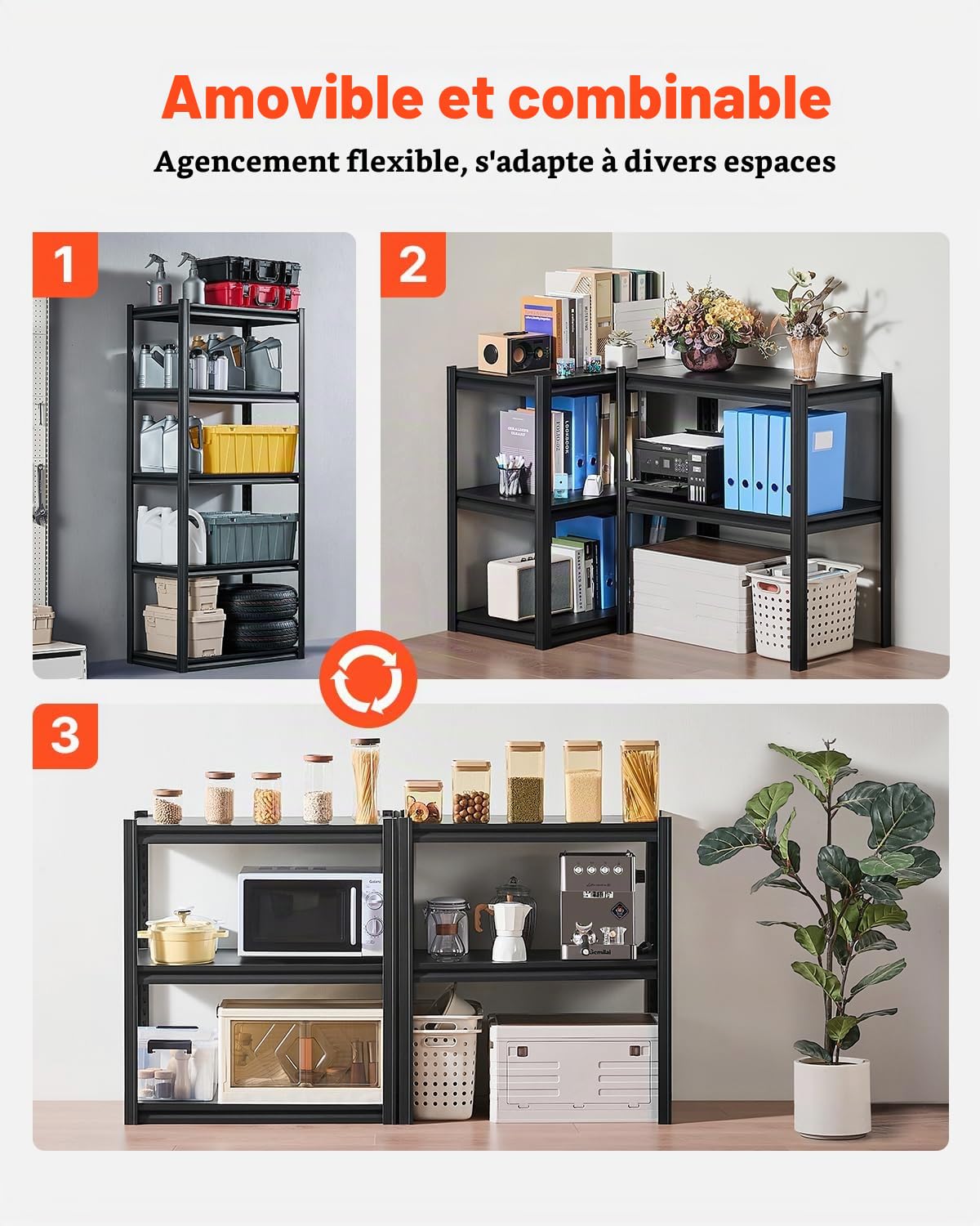 VEVOR Étagère de Rangement, 907 kg, Étagère de Garage Métallique Robuste Réglable, 5 Niveaux, 457,2 x 812,8 x 1828,8 mm, Meuble Rayonnage de Stockage, pour Cuisine, Atelier, sous-Sol, Entrepôt, Noir