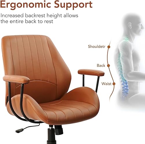 Miniatura 6 de CLATINA Silla de oficina de cuero marrón con ruedas y brazos, silla ergonómica de escritorio para el hogar con soporte lumbar, sillas de trabajo