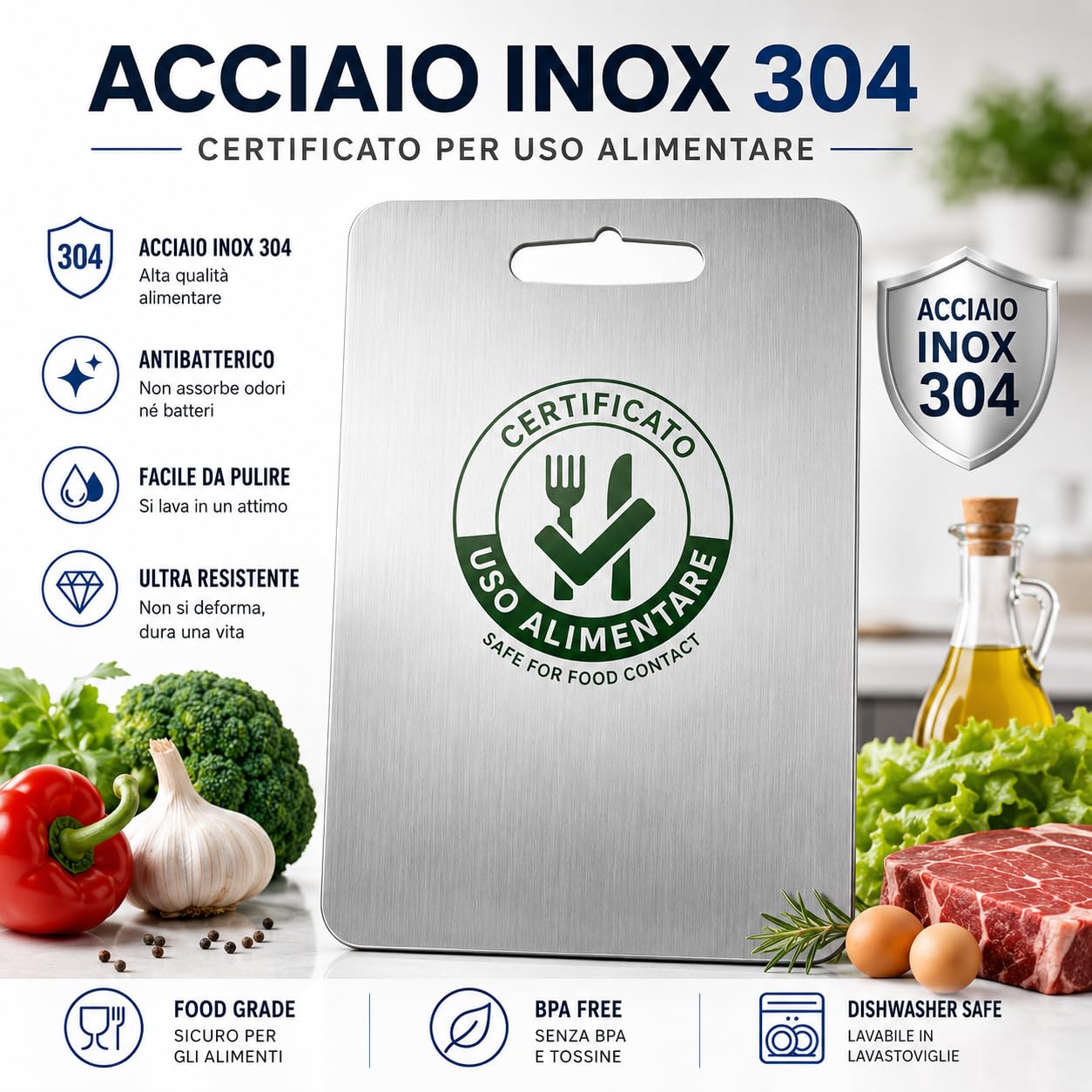 Tagliere in Acciaio Inox Alimentare 304 Per Cucina, Tagliere acciaio inox Certificato Igienico e Antibatterico, Superficie Alimentare Facile da Pulire, Resistente e Antiodore, 23X34