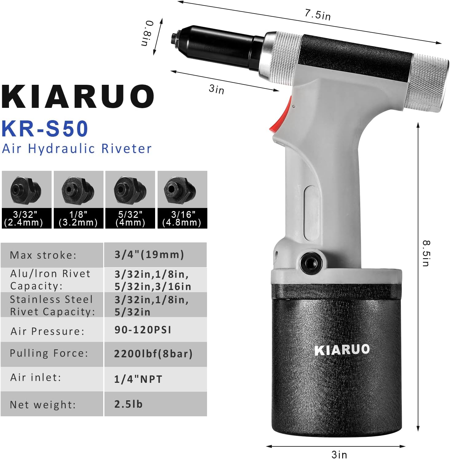 KIARUO Pneumatic Rivet Gun 316 532 18 332KRS50 with 1 Set of Extra