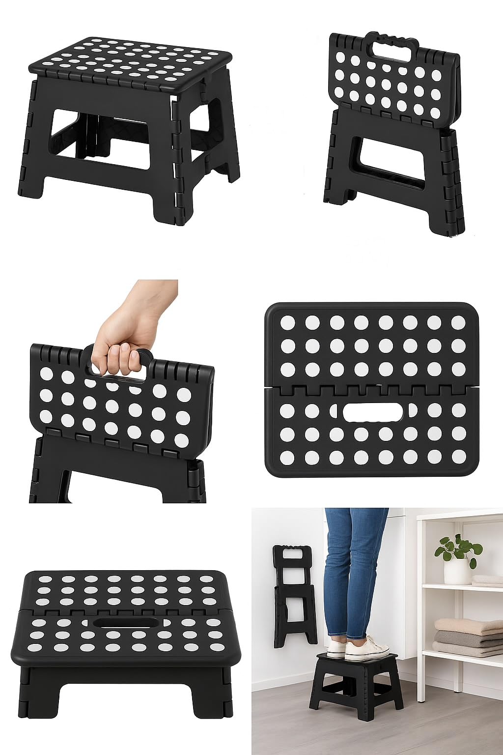 Taburete plegable de 22 cm, taburete plegable estable con superficies antideslizantes, fácil de transportar, pequeño taburete plegable, ideal para baño infantil, camping, picnic, hogar, color negro