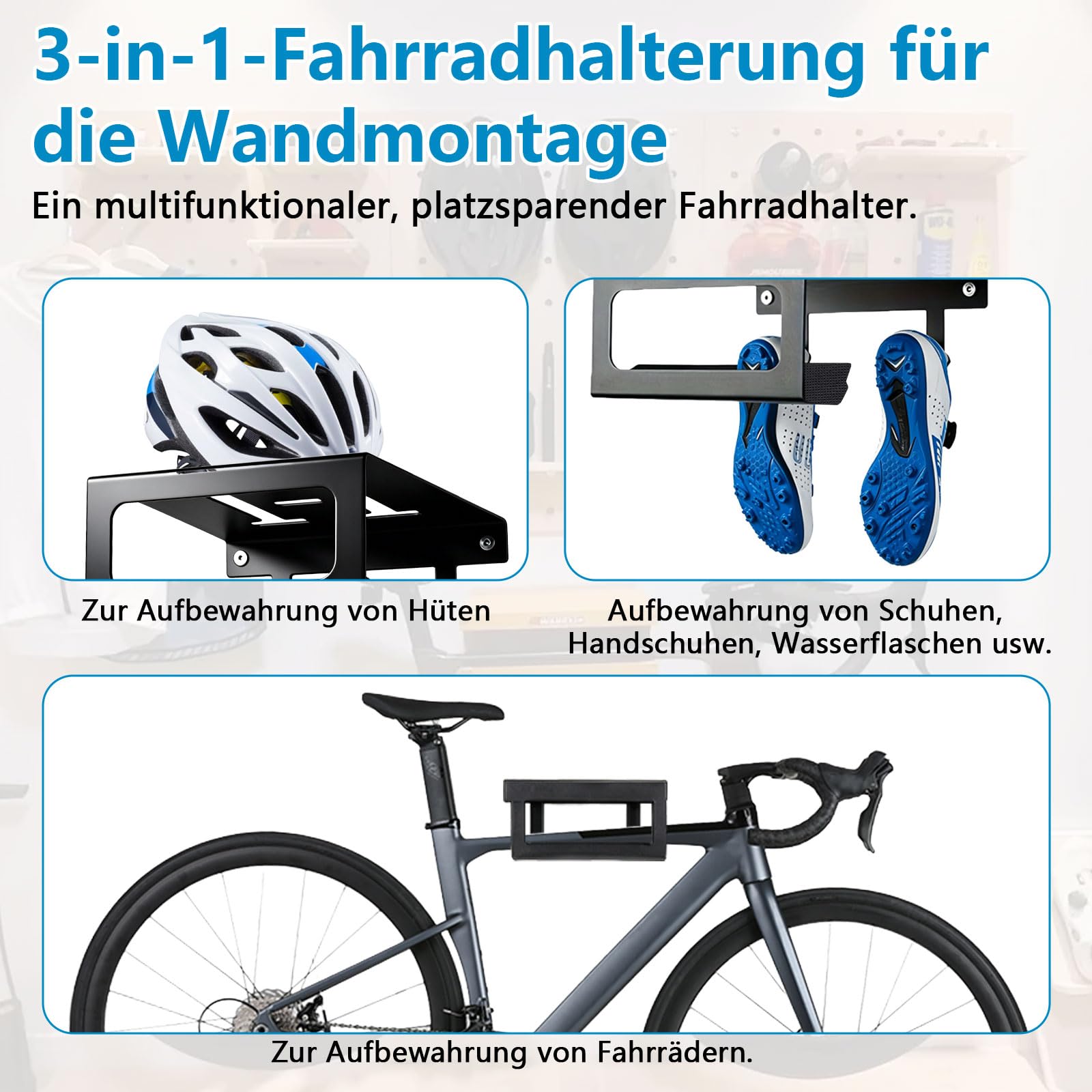 Supporto da parete per bicicletta, 3 in 1, multifunzione | Con gancio per mensola e imbottitura protettiva, supporto da parete per bici da corsa, per attrezzatura da bicicletta