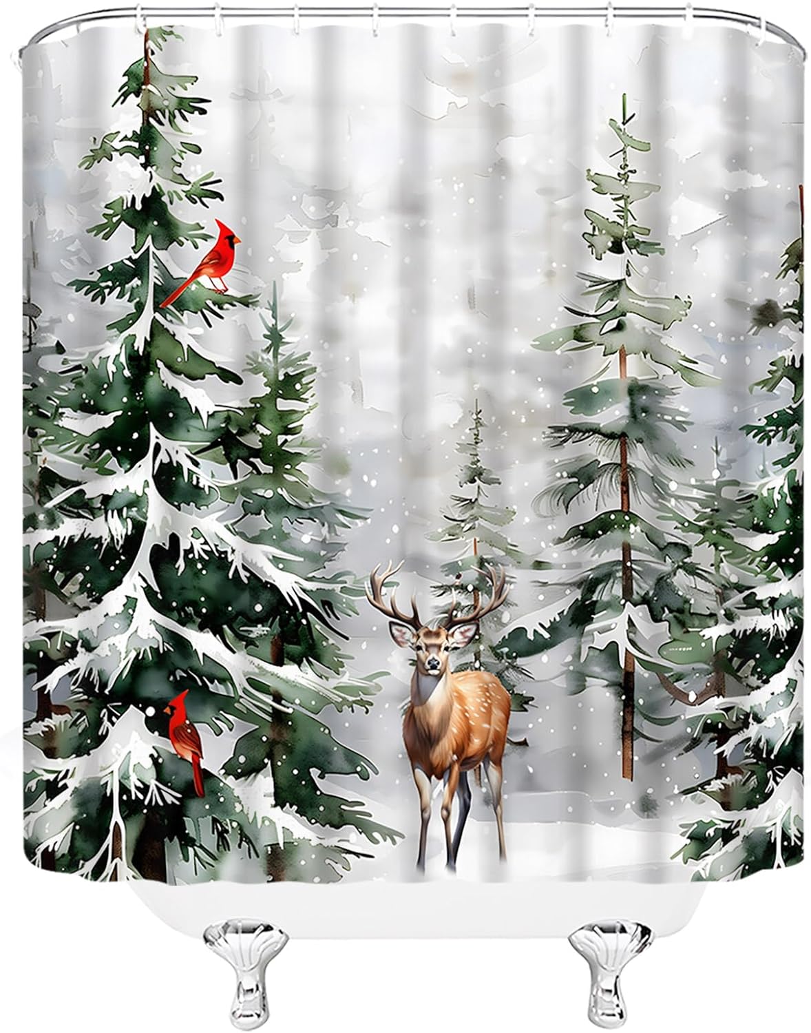 Winter Christmas Shower Curtain Misty Pine Tree Forest Animal Red Bird Snowflake Watercolor Rustic Farmhouse Bathroom Curtains Decor Fabric Set Include Hooks,(70" Wx84 H)
