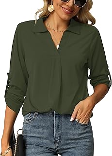 Odosalii Womens Casual V Neck Tunic Blouses Rolled Up Sleeve