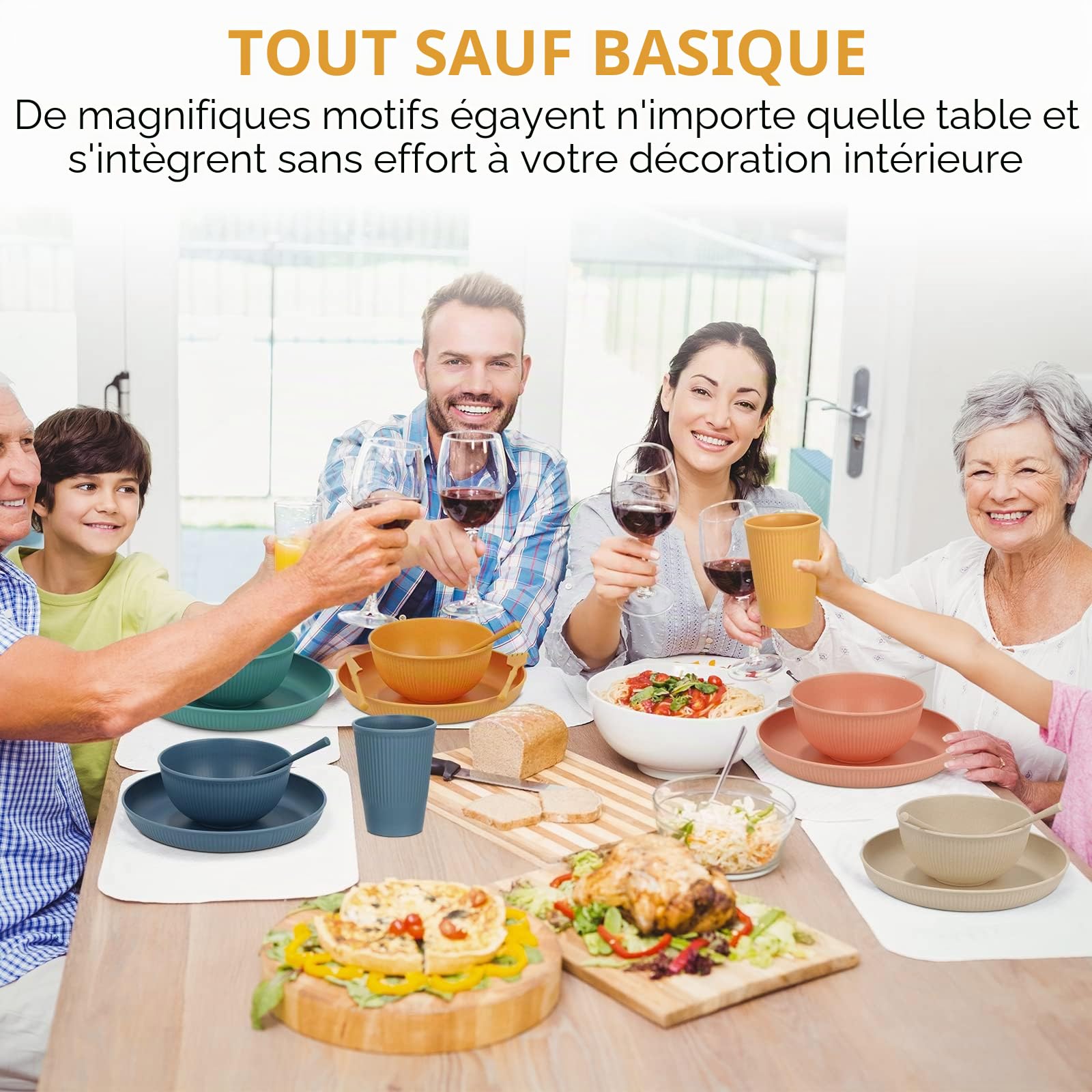 Lot de 60 assiettes et bols camping pour 6 personnes, vaisselle incassable en plastique léger, tasses, couverts