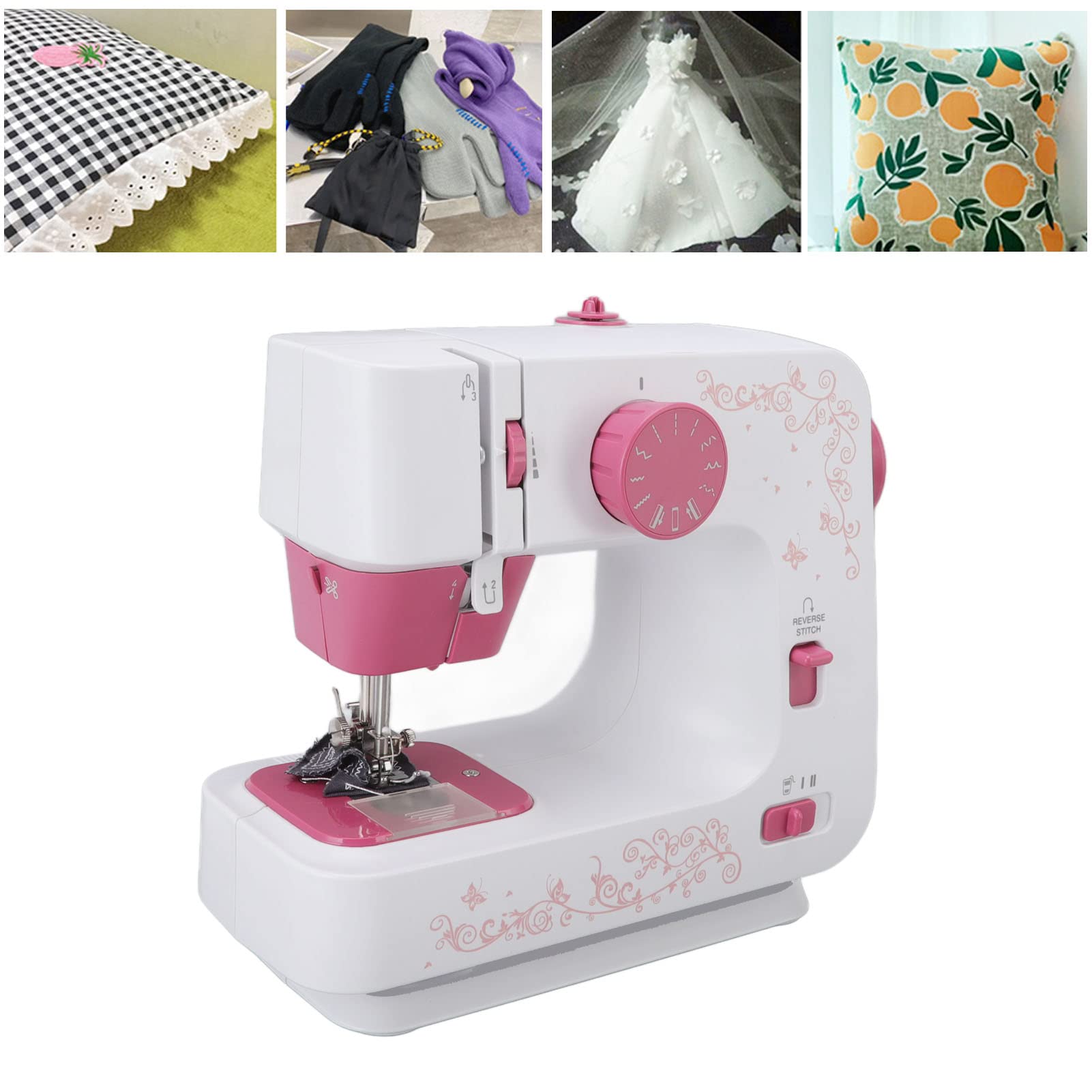 Mini Máquina de Coser Eléctrica, 2 Métodos de Control, Portátil con Pedal, con Batería o Fuente de Alimentación Enchufable para Viajes Domésticos (Enchufe europeo 110-220V)