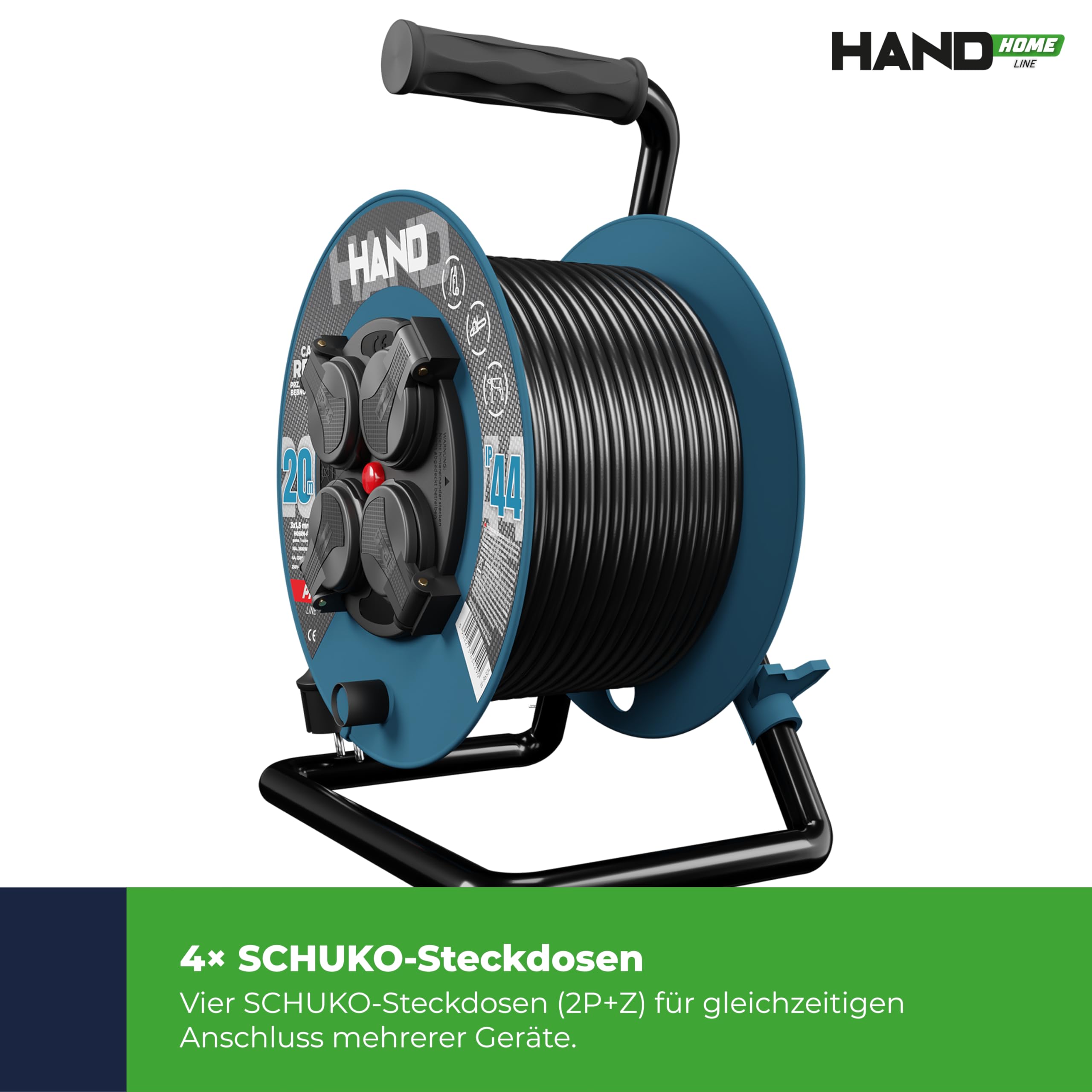 HAND HAND PRO - Carrete de cable (20 m, IP44, H05RN-F, 3 x 1,5, cable de goma para exteriores), color negro