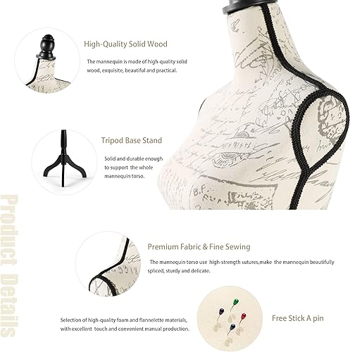 Miniatura 6 de Maniquí femenino con altura ajustable, cuerpo de maniquí con trípode negro para ropa, vestido de vestir, exhibición de joyas (impresión beige)