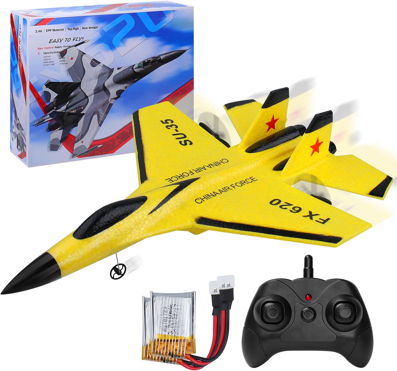 RC Plane, SU35 RC Airplane Ready to Fly, 2.4 GHz 2 Channel Remote Control Airplane RC Glider with Colored Lights for Kids/Adults/Beginners, Yellow