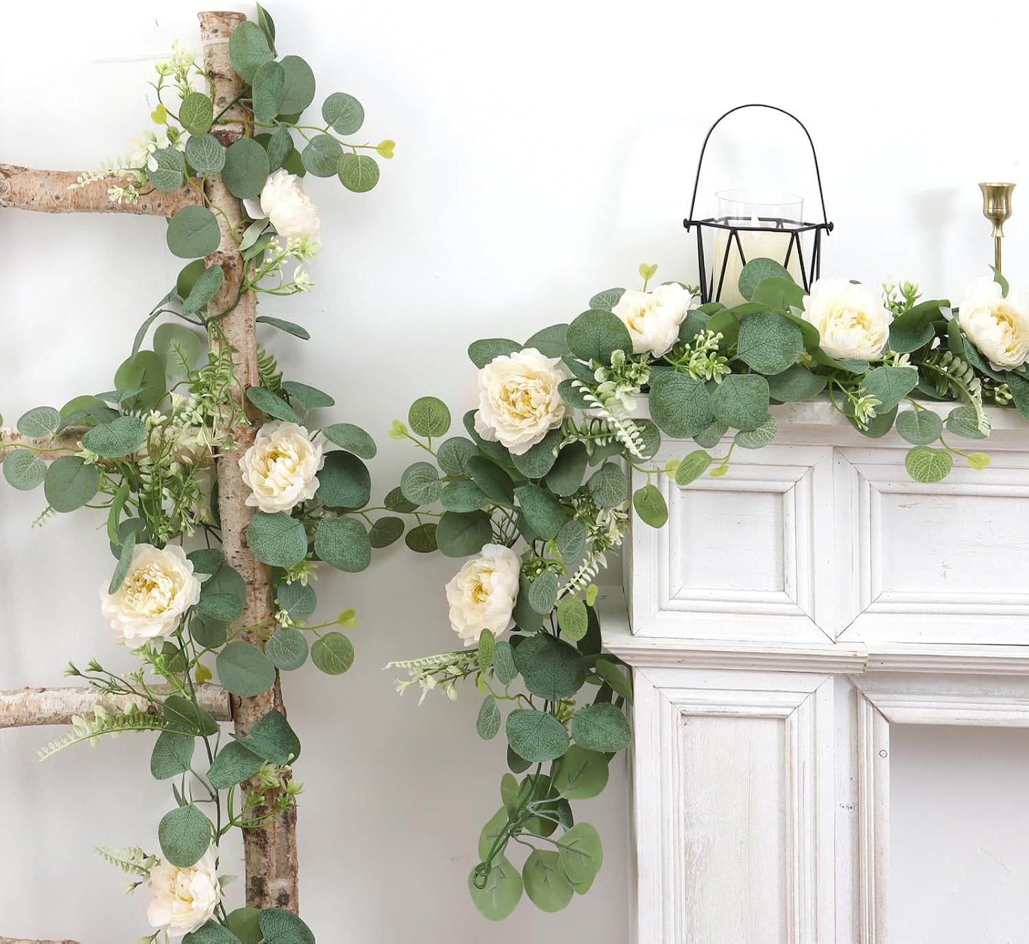 DEMIUKO 2PCS 6.56Ft Artificial Eucalyptus Flower Garland Fake Peony Flower Vine Faux Eucalyptus Leaves Greenery Garlands Spring Garland for Wedding Party Centerpiece Arch Table Runner Backdrop Decor