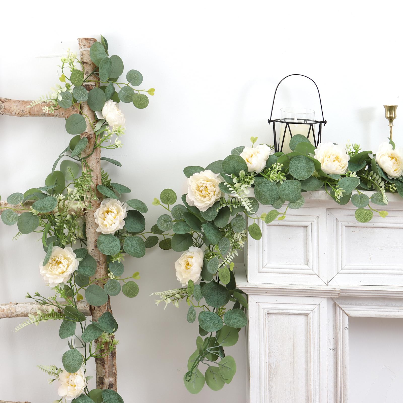 DEMIUKO Künstliche Eukalyptus-Girlanden mit Blumen, künstliche Pfingstrosen, Rose, Blumen, grüne Girlande, Blumenranken für Hochzeit, Tischläufer, Bogen, Party, Zeremonie, Hintergrunddekoration (4
